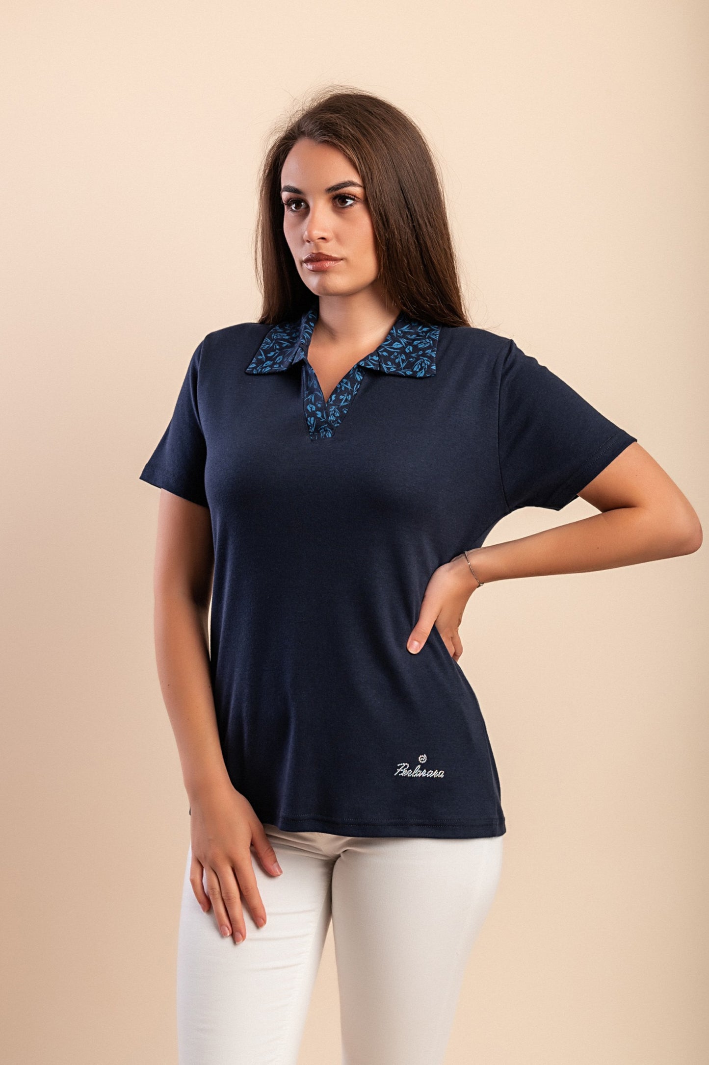 T-shirt in cotone con colletto, blu scuro