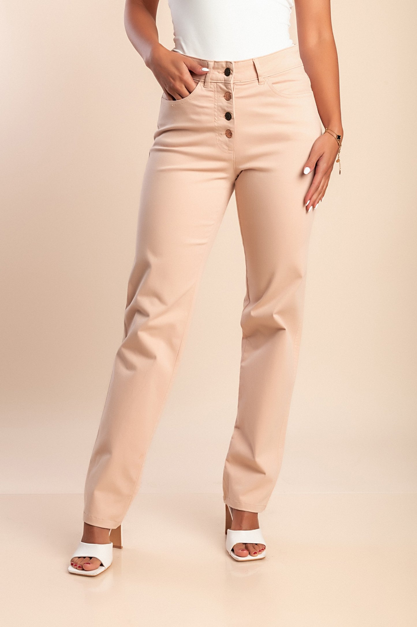 Pantaloni taglie forti con bottoni, rosa chiaro