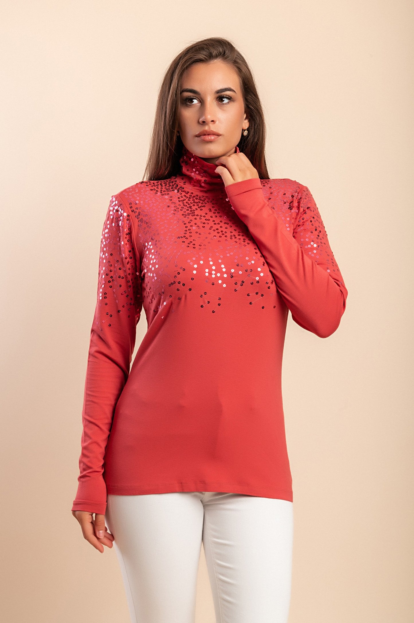 Top con collo alto e paillettes, rosa