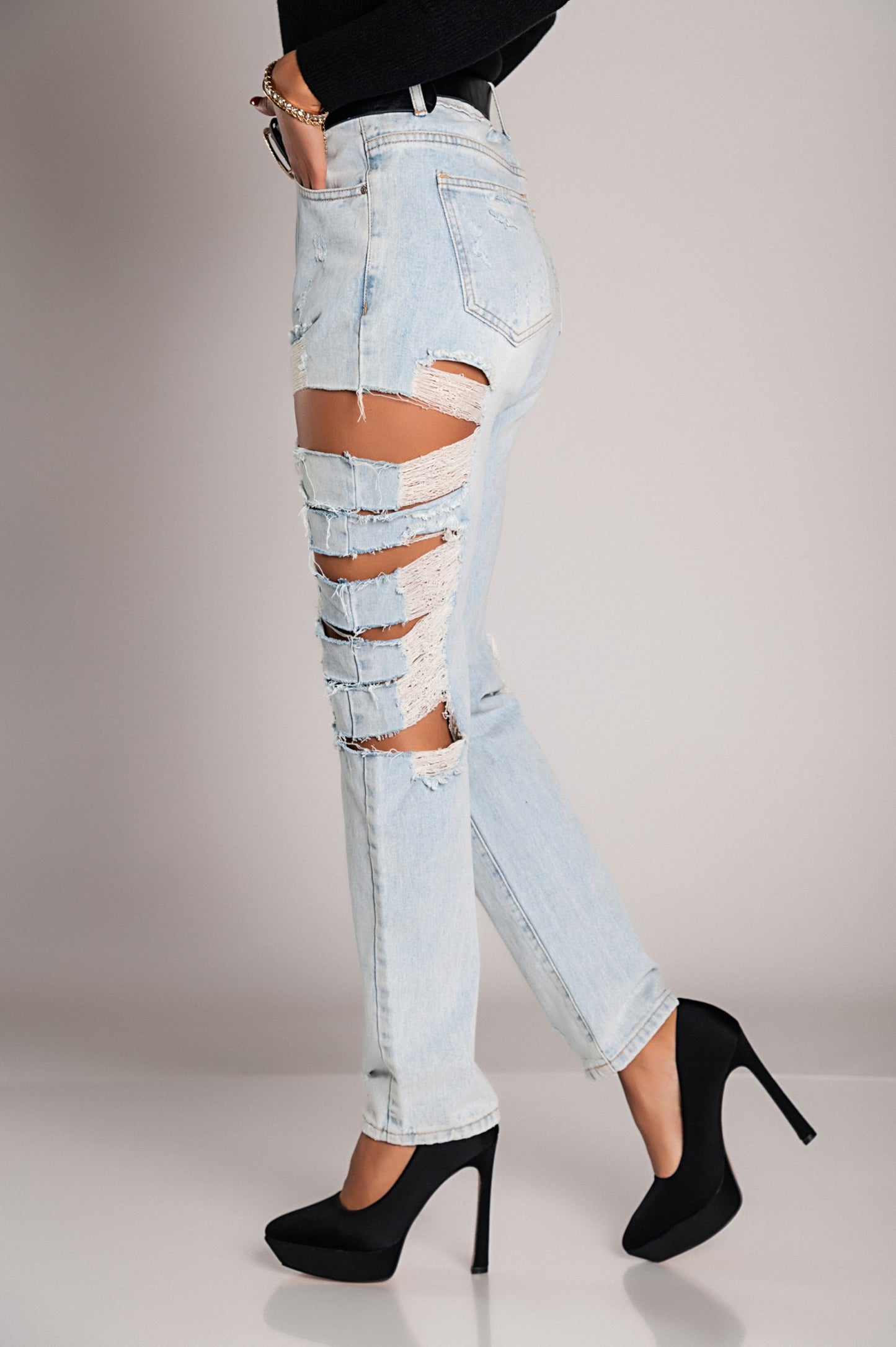 Jeans dritti con grandi strappi Venetina, azzurro
