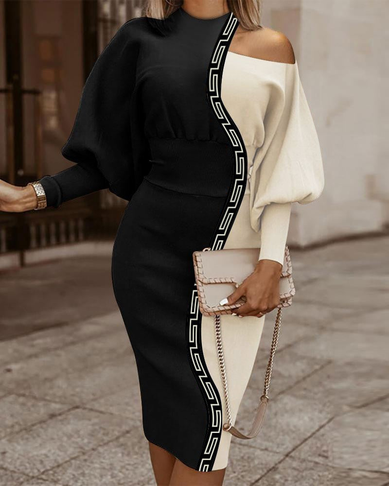 Elegante abito midi con stampa geometrica, nero e beige
