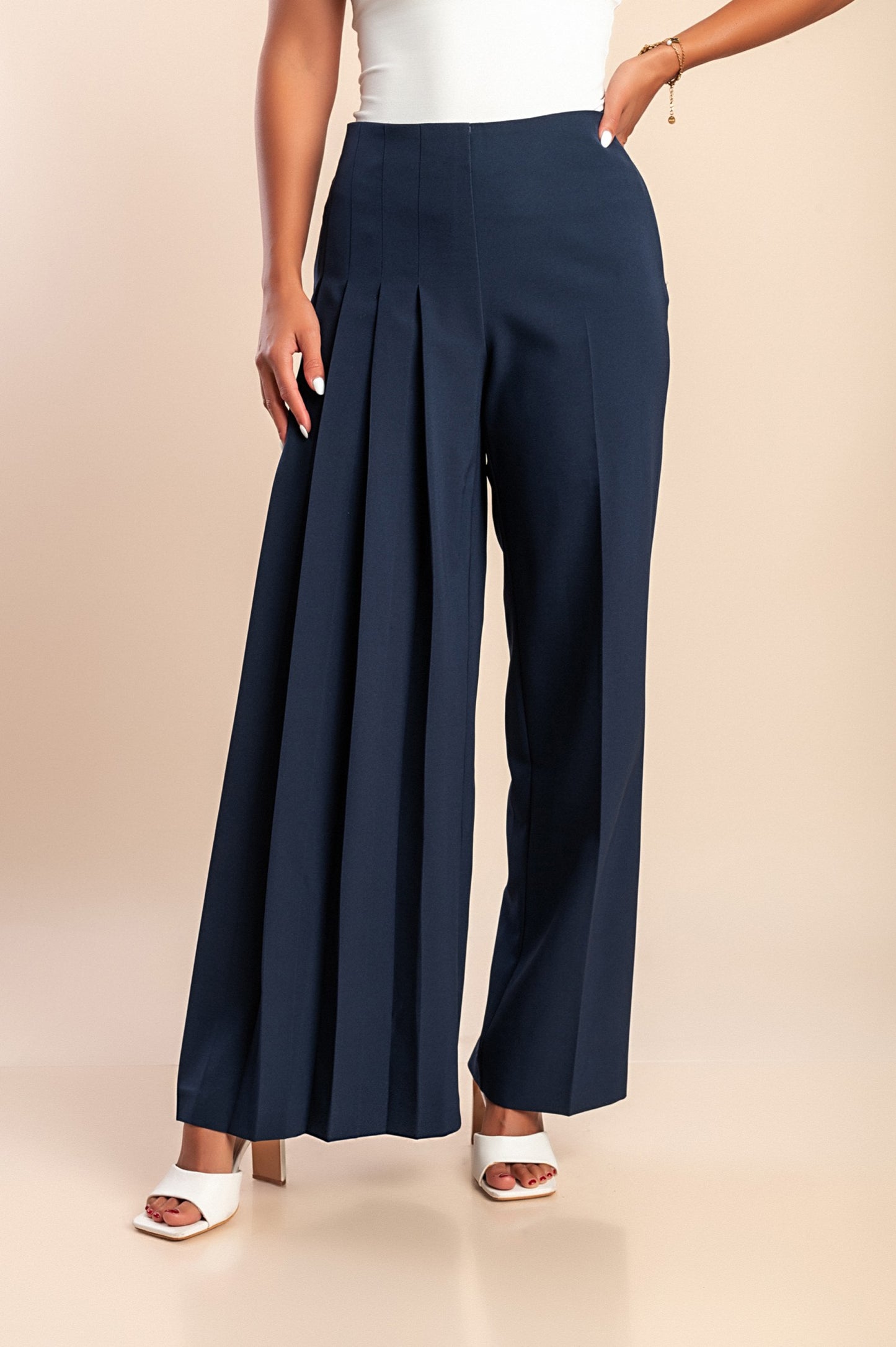 Pantaloni eleganti con pieghe taglie forti, blu