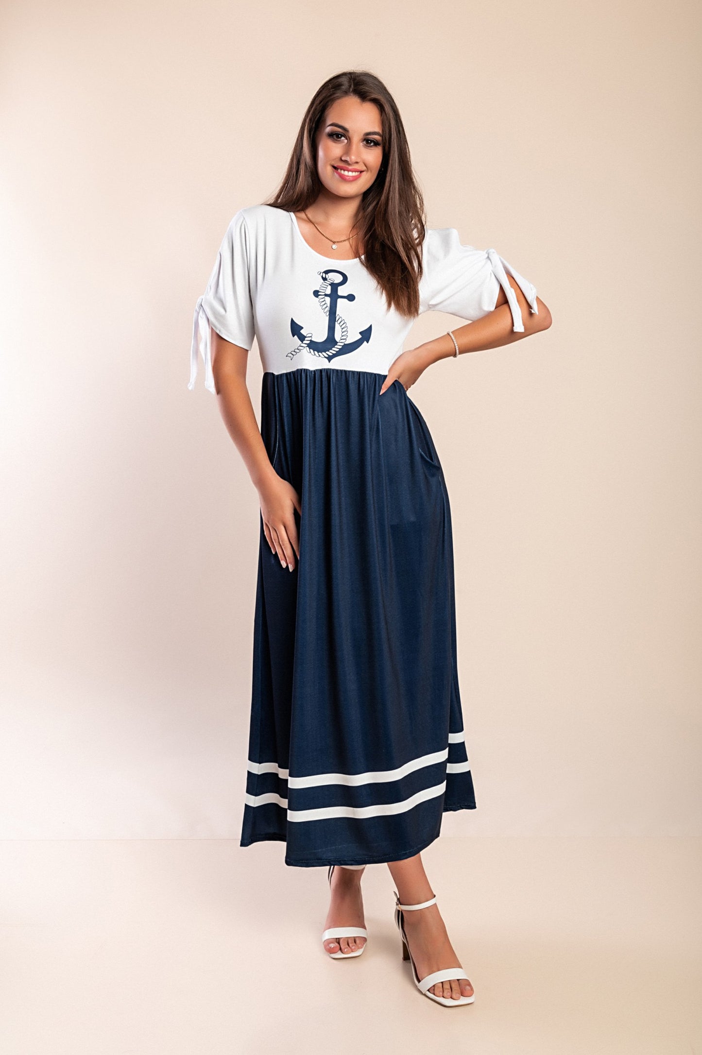 Abito midi con stampa ancora, bianco/blu navy