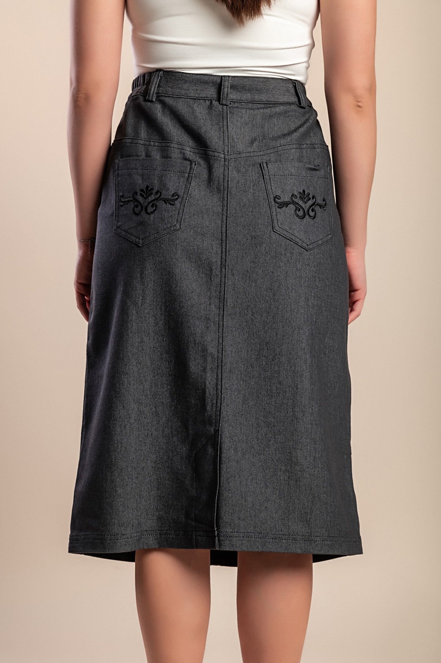 Gonna midi in cotone con ricami, taglie forti, grigio scuro