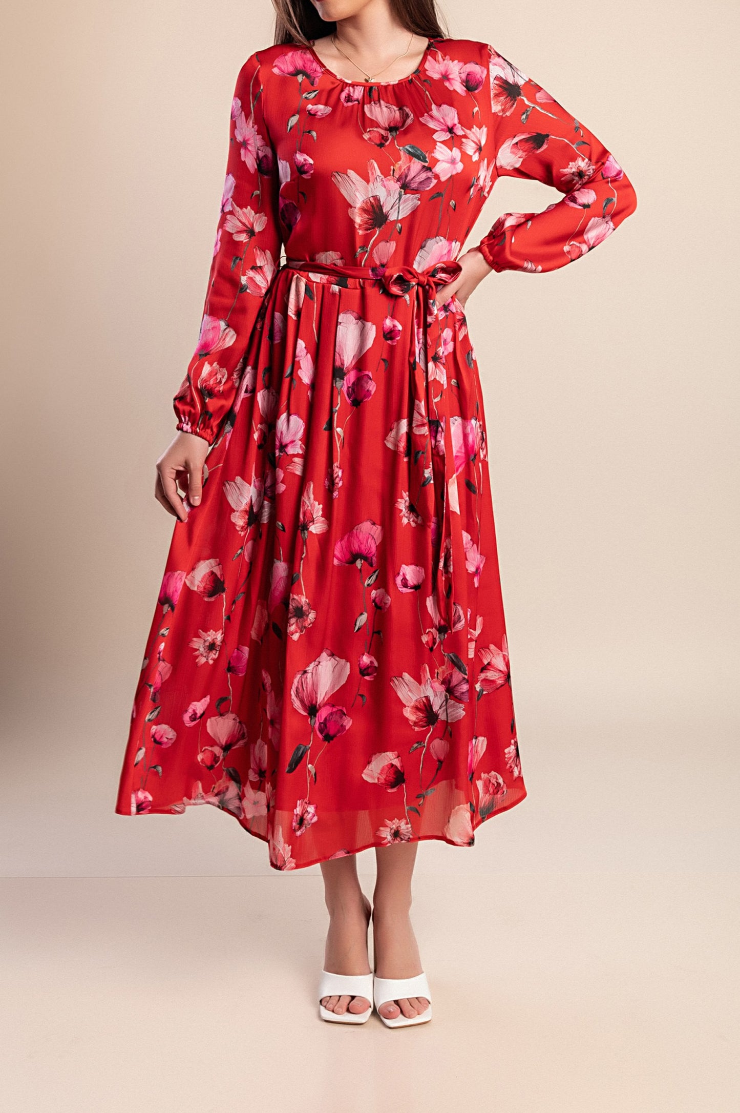 Abito midi con stampa floreale, rosso