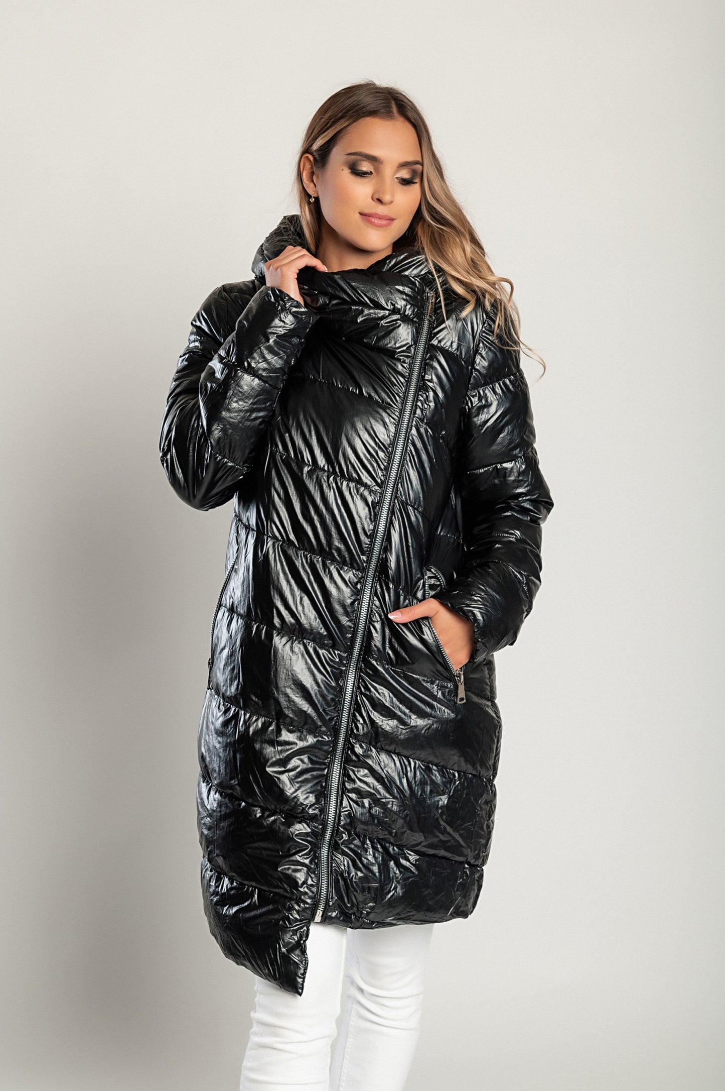 Giacca invernale lunga con cappuccio, 2287, nera