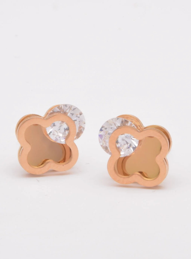 Eleganti orecchini a bottone con strass, ART510, oro rosa