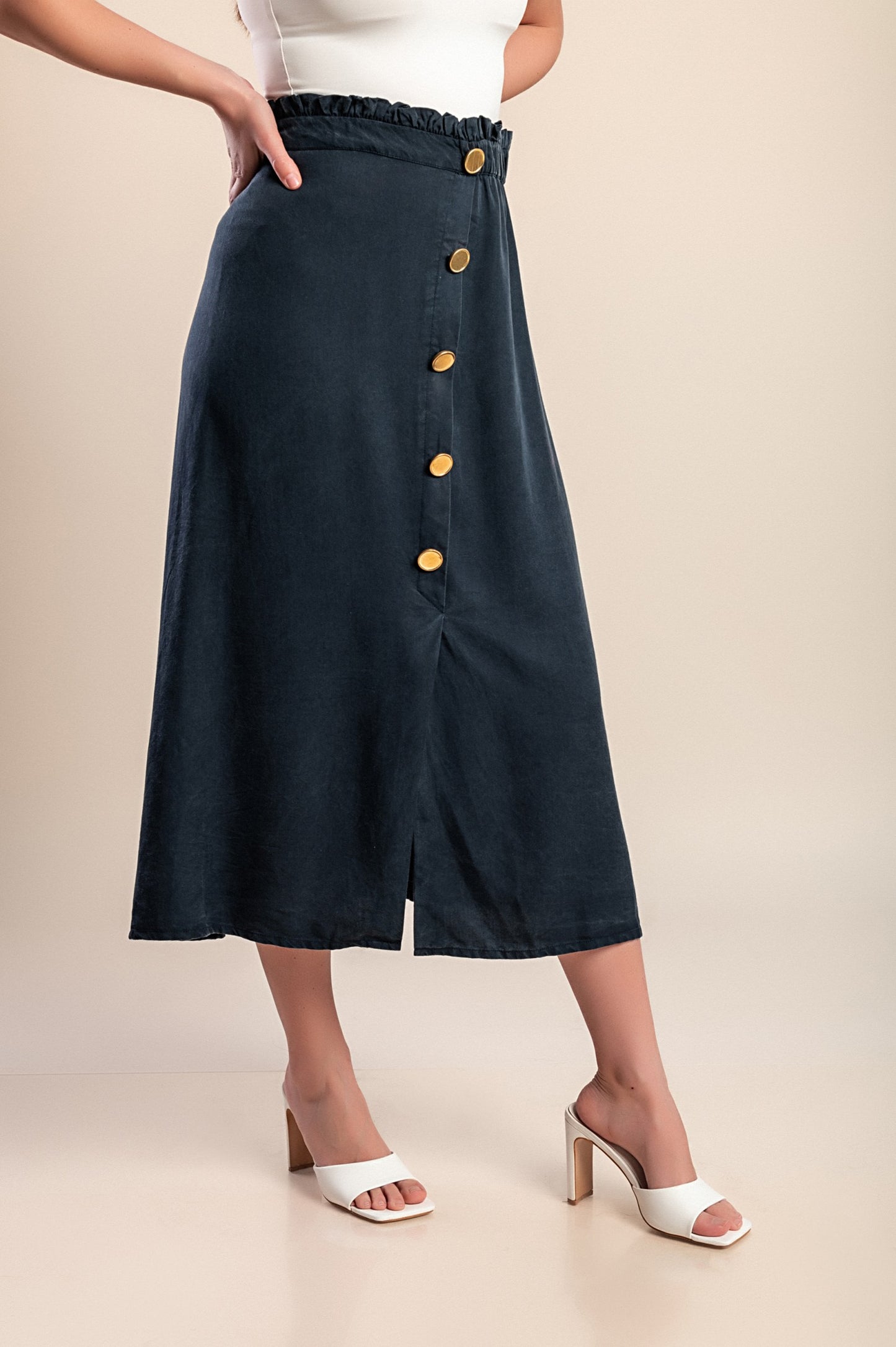 Gonna midi taglie forti con bottoni, blu scuro