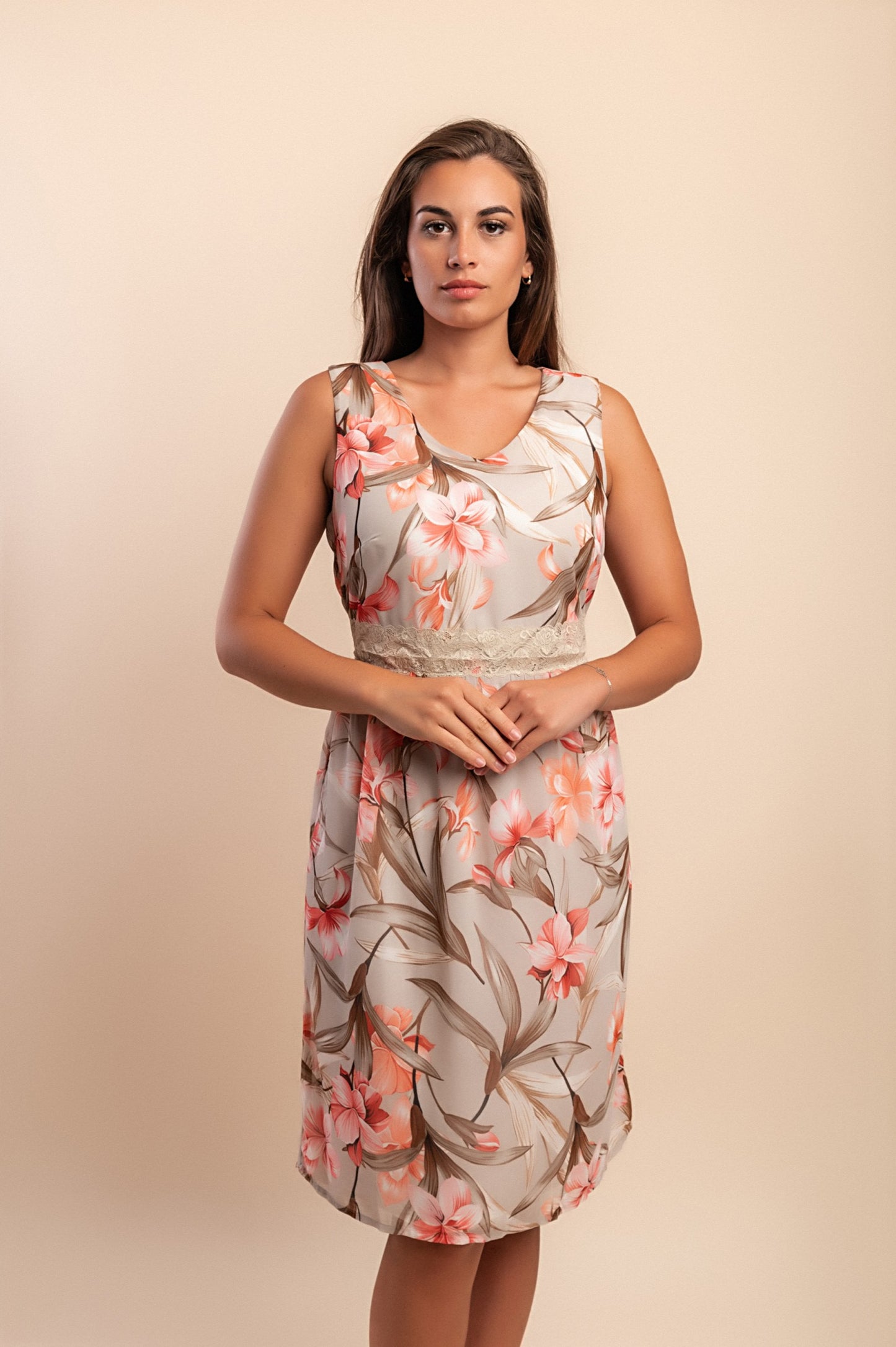 Abito midi taglie forti con stampa, beige