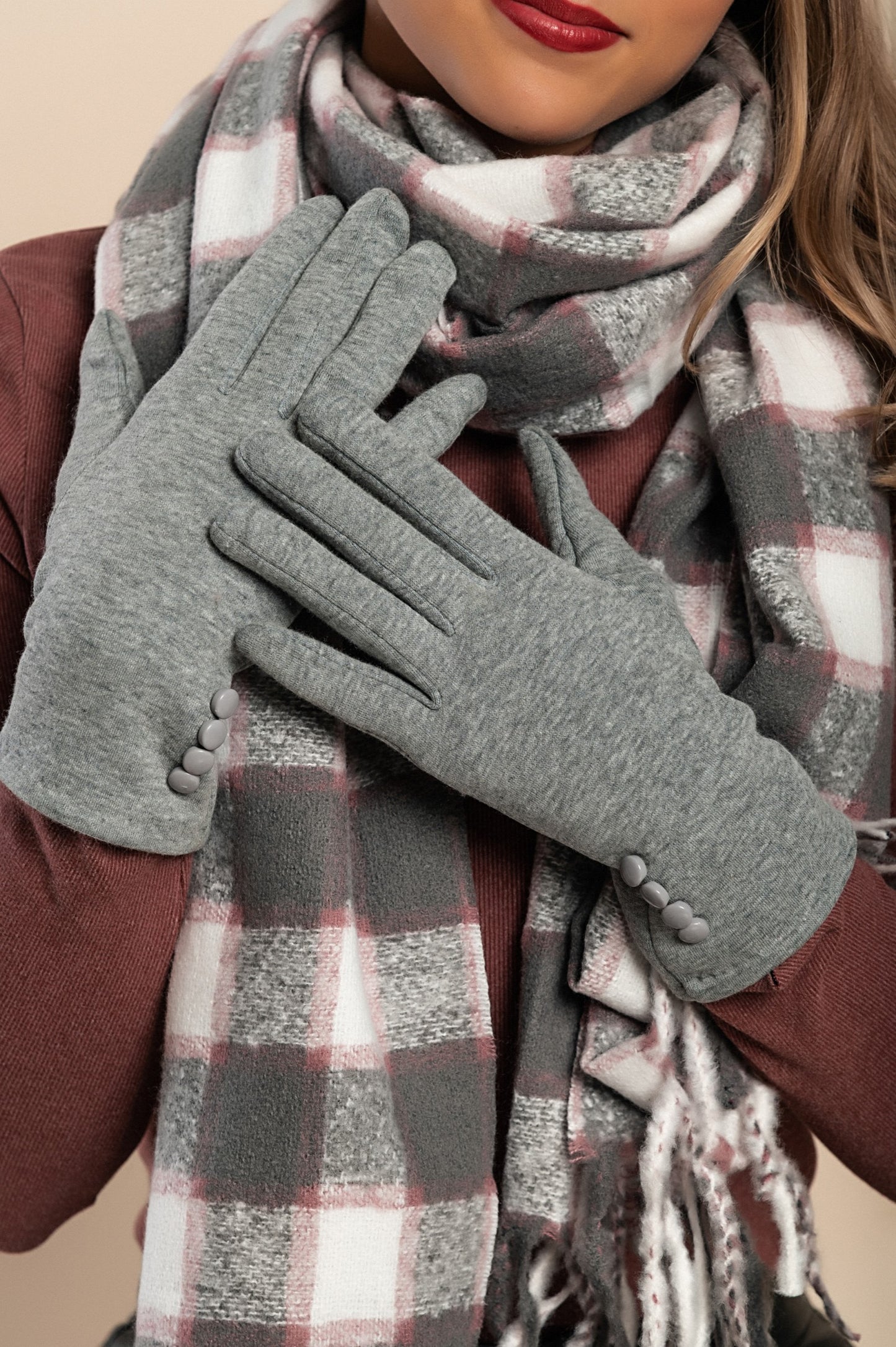 Guanti con bottoni decorativi, grigio chiaro