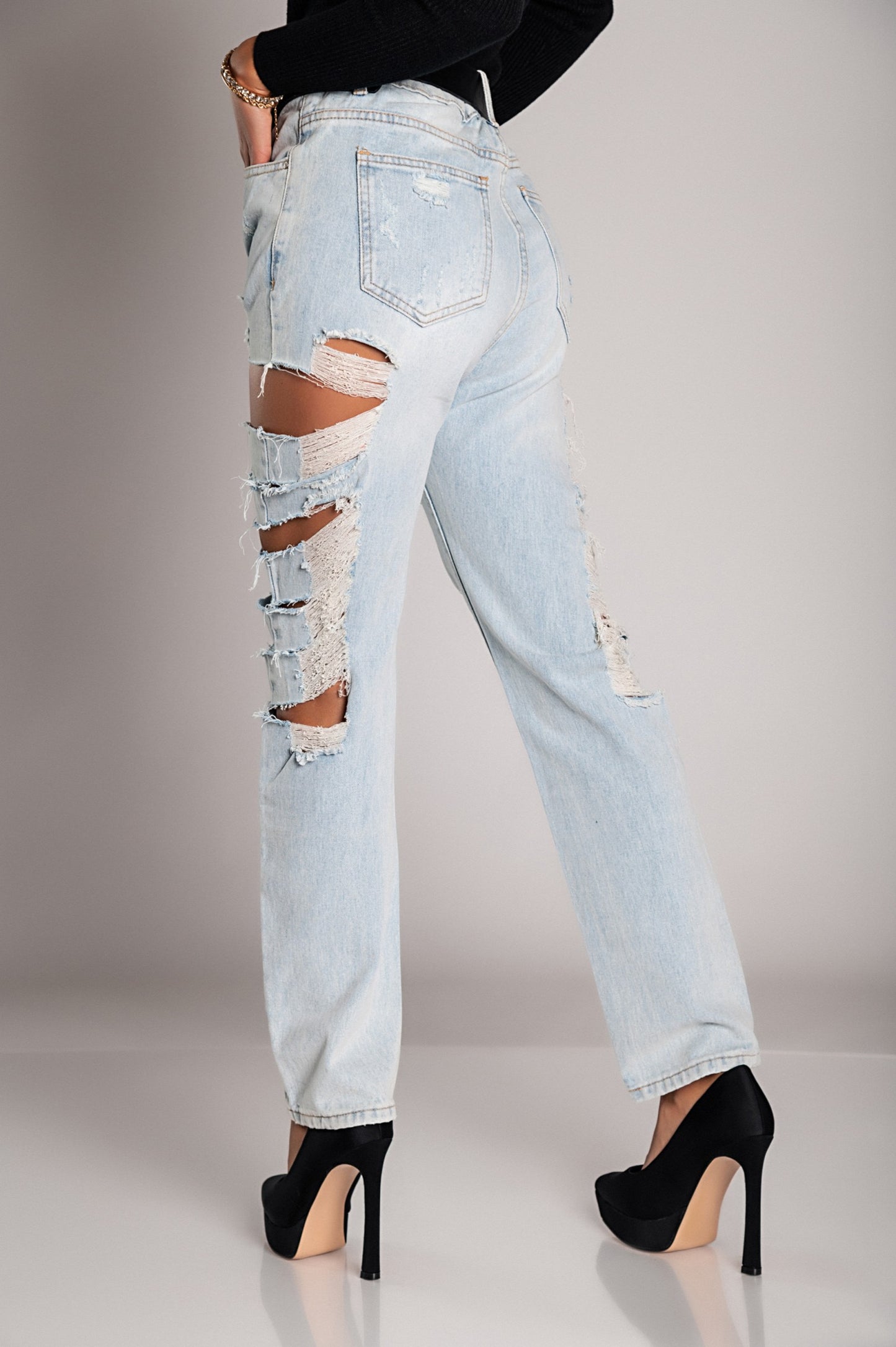 Jeans dritti con grandi strappi Venetina, azzurro