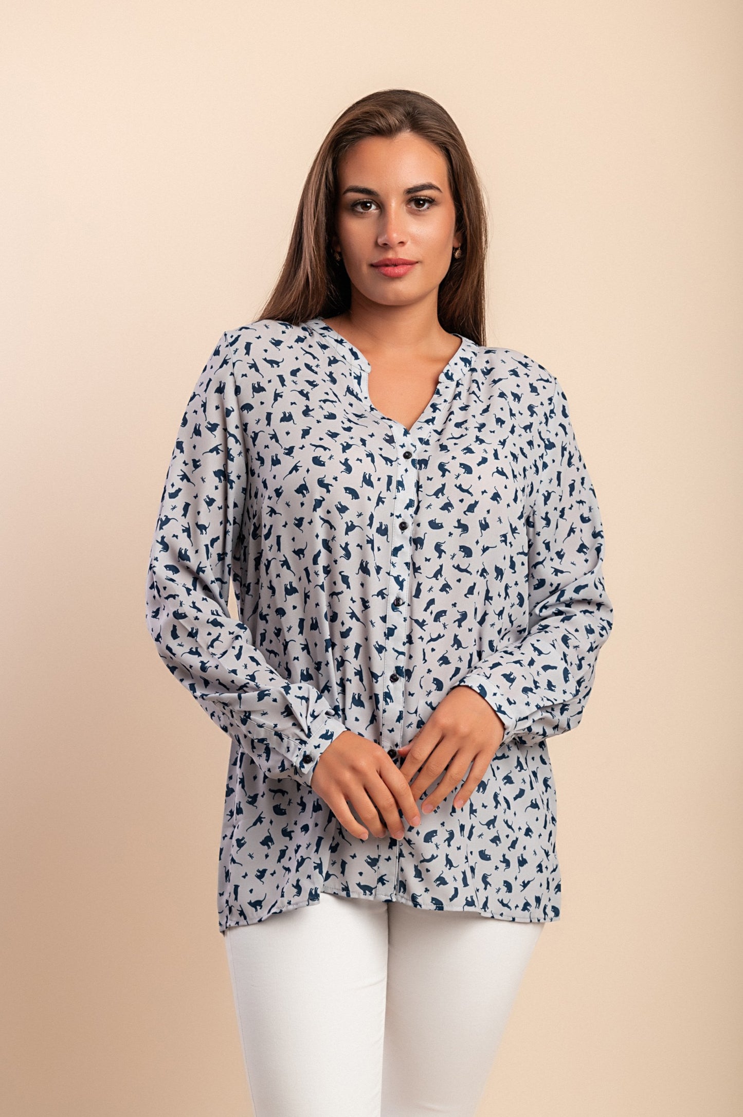 Blusa stampata taglie forti, azzurra