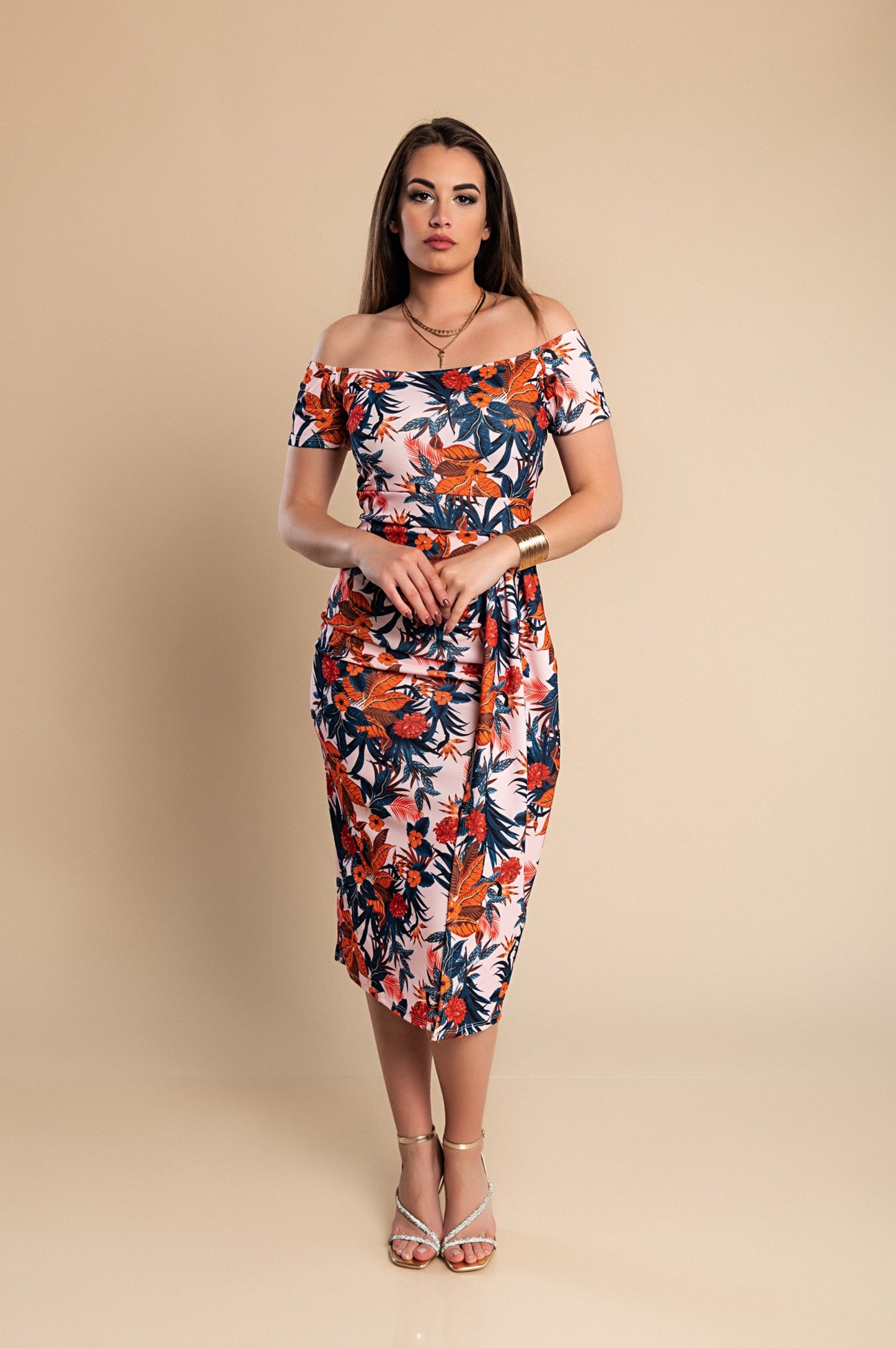 Elegante abito midi con stampa floreale, rosa chiaro