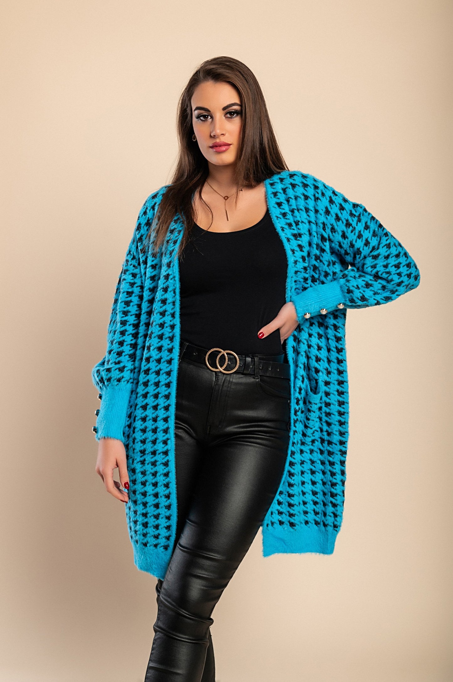 Cardigan lavorato a maglia con stampa Pepita, Blu