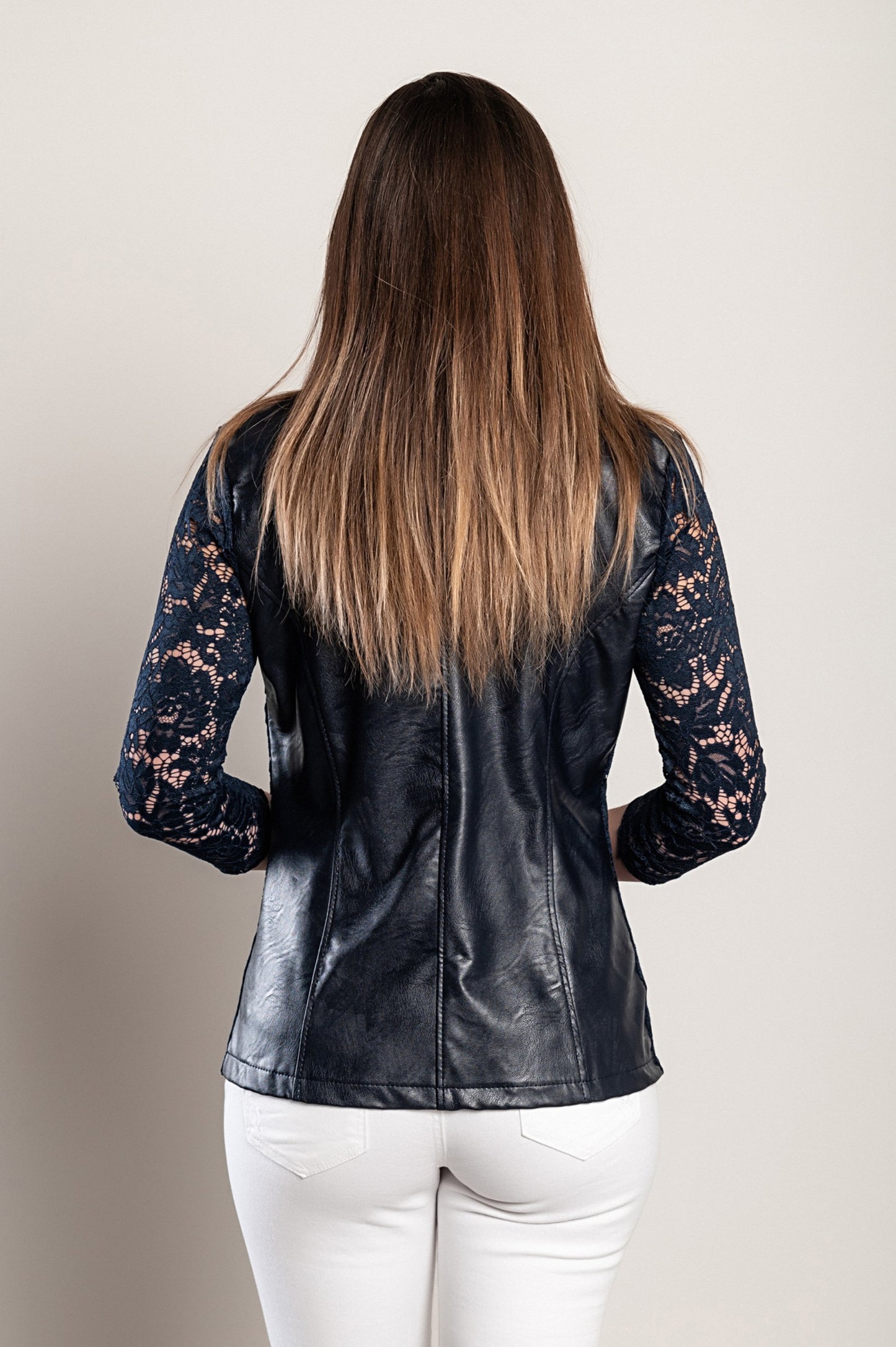 Blazer in ecopelle con inserti in pizzo traslucido Amalfi, nero