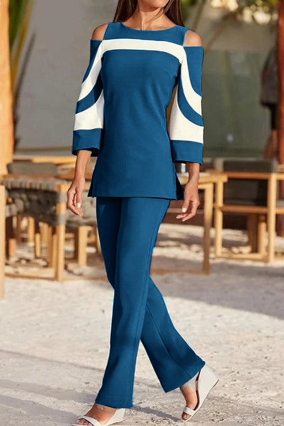 Competo elegante top con maniche a campana e pantaloni, nero