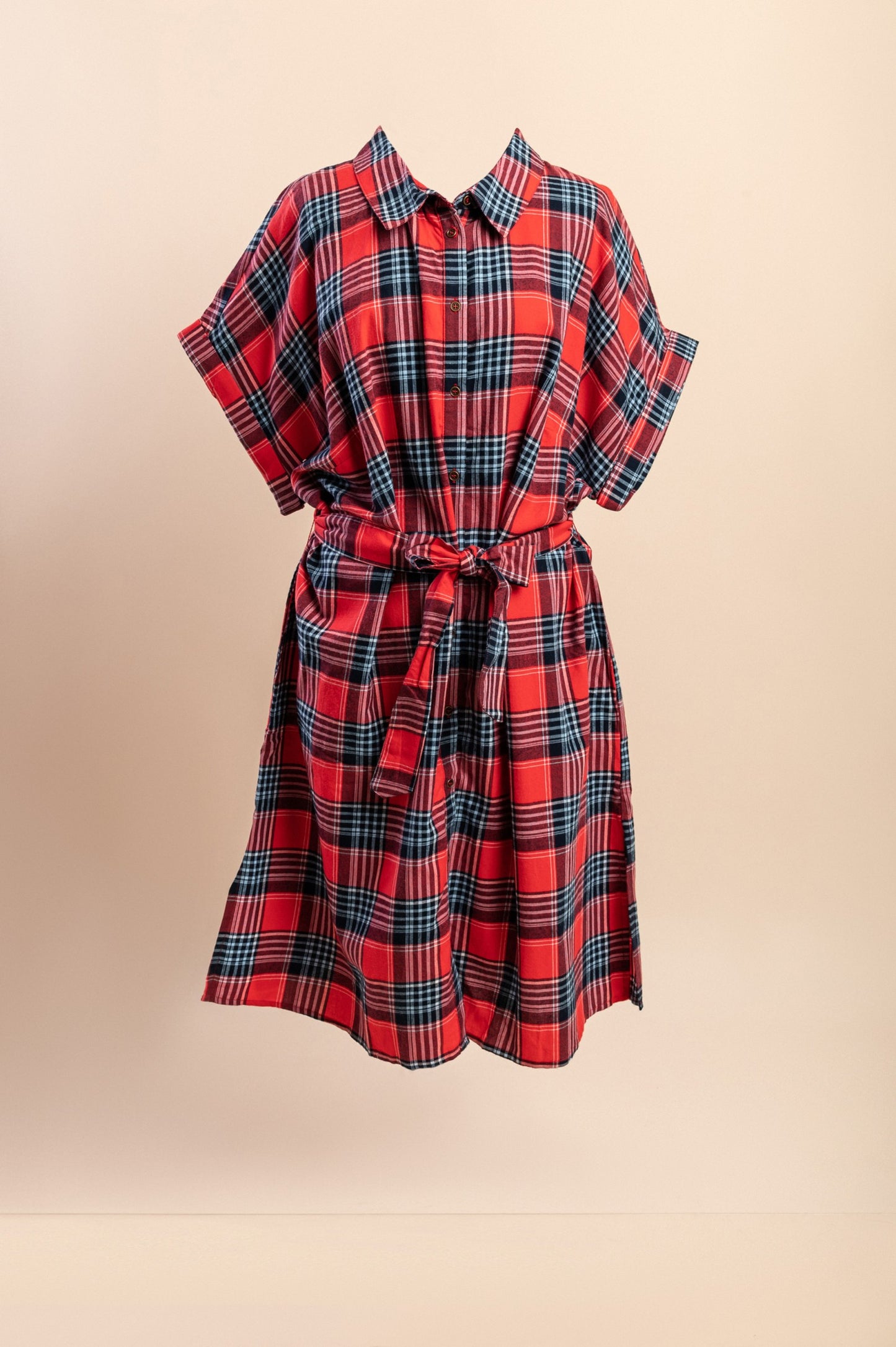 Abito camicia taglie forti con stampa a quadri, rosso