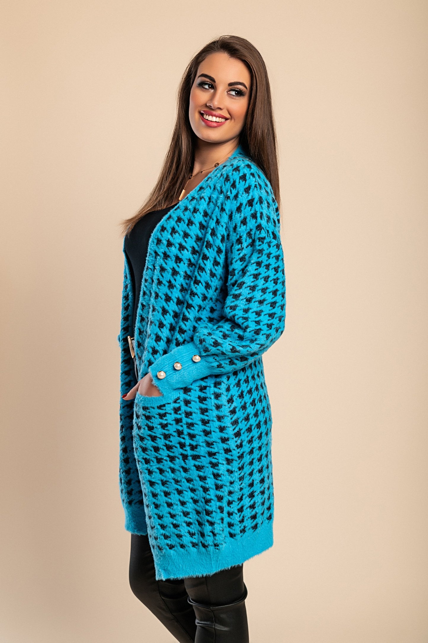 Cardigan lavorato a maglia con stampa Pepita, Blu