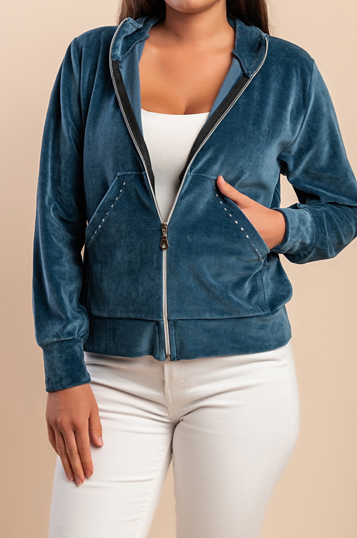 Felpa con zip in cotone e velluto sintetico, blu