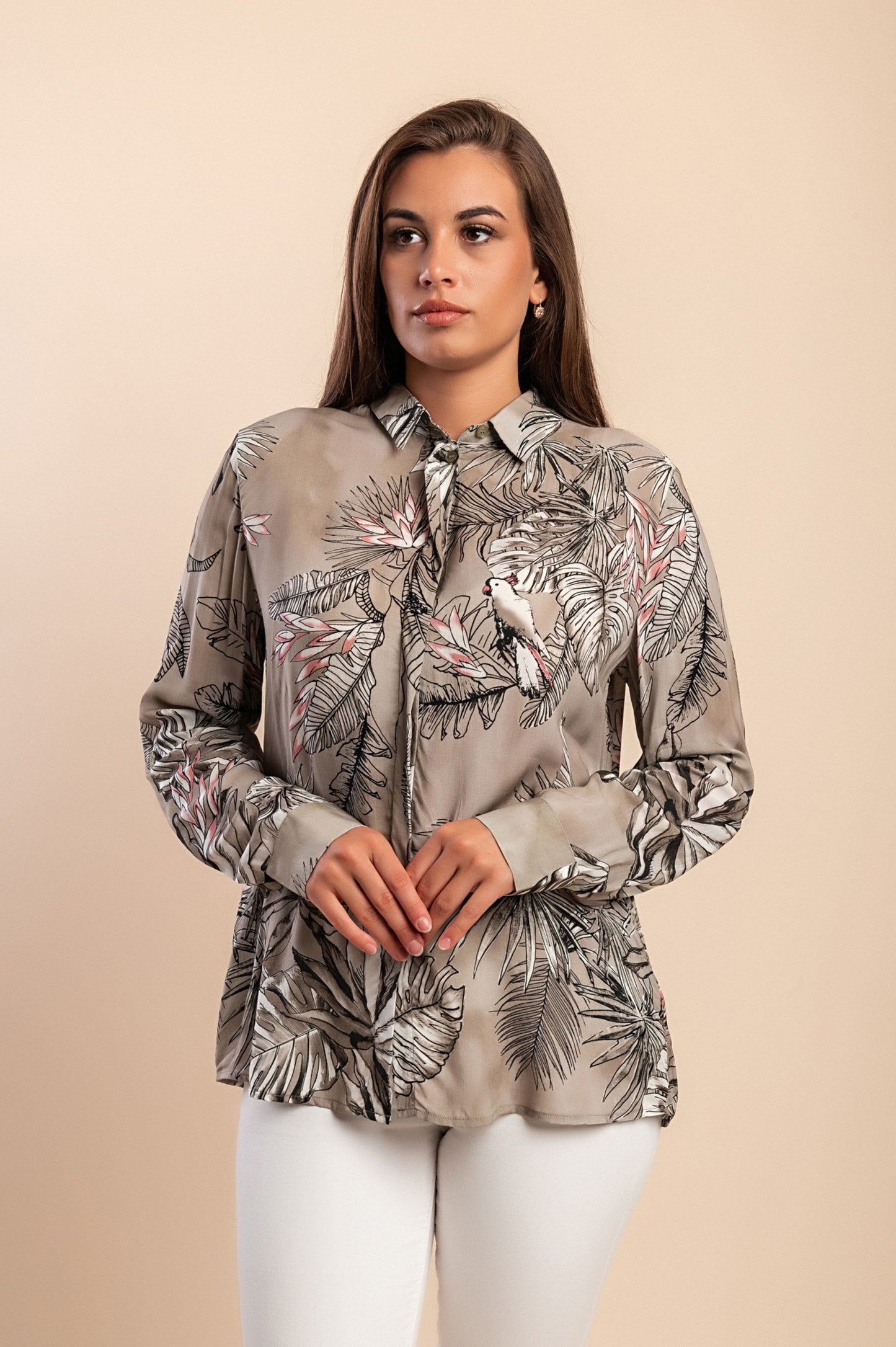 Blusa stampata taglie forti, verde oliva
