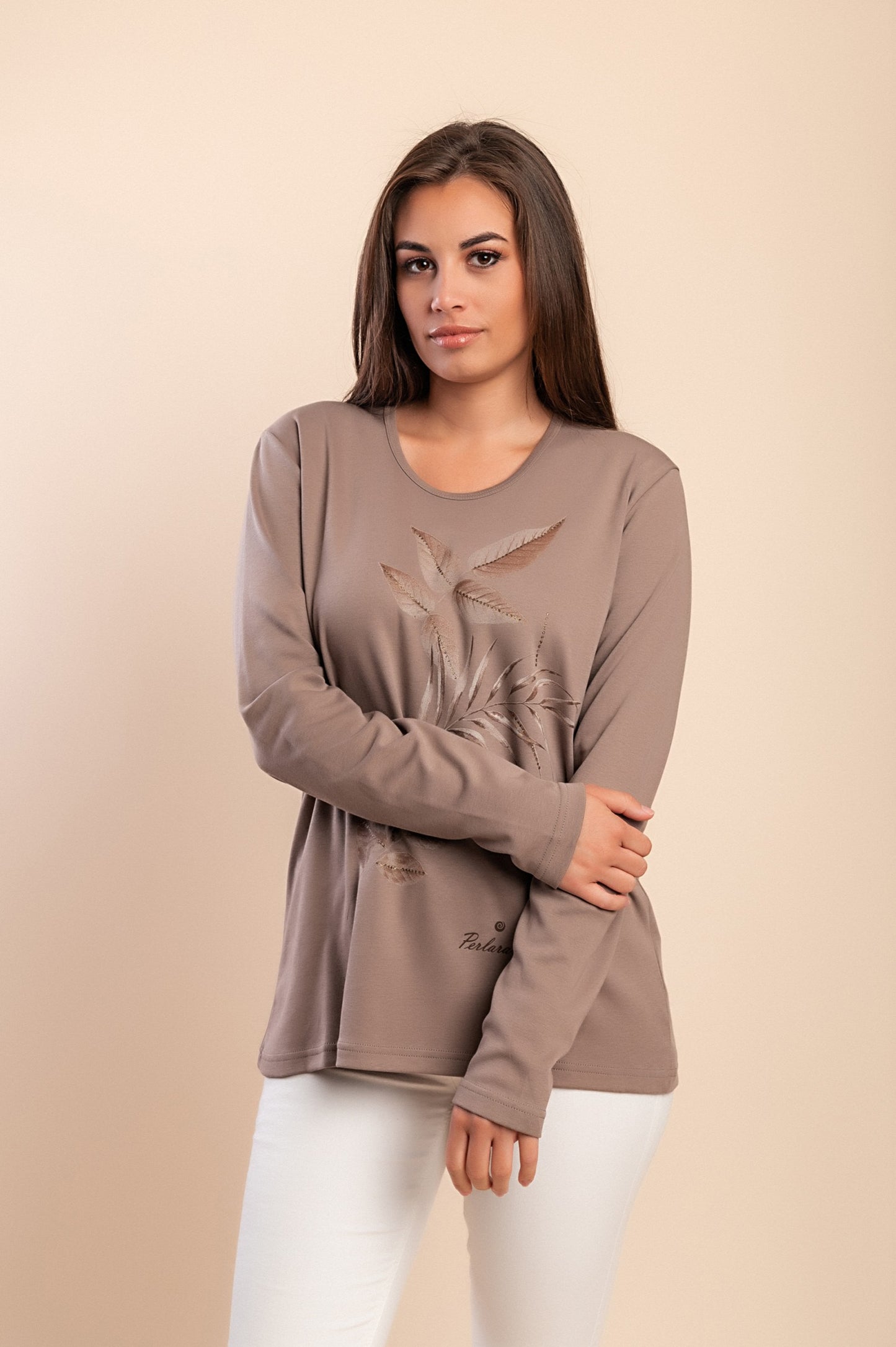 T-shirt a maniche lunghe con stampa, beige