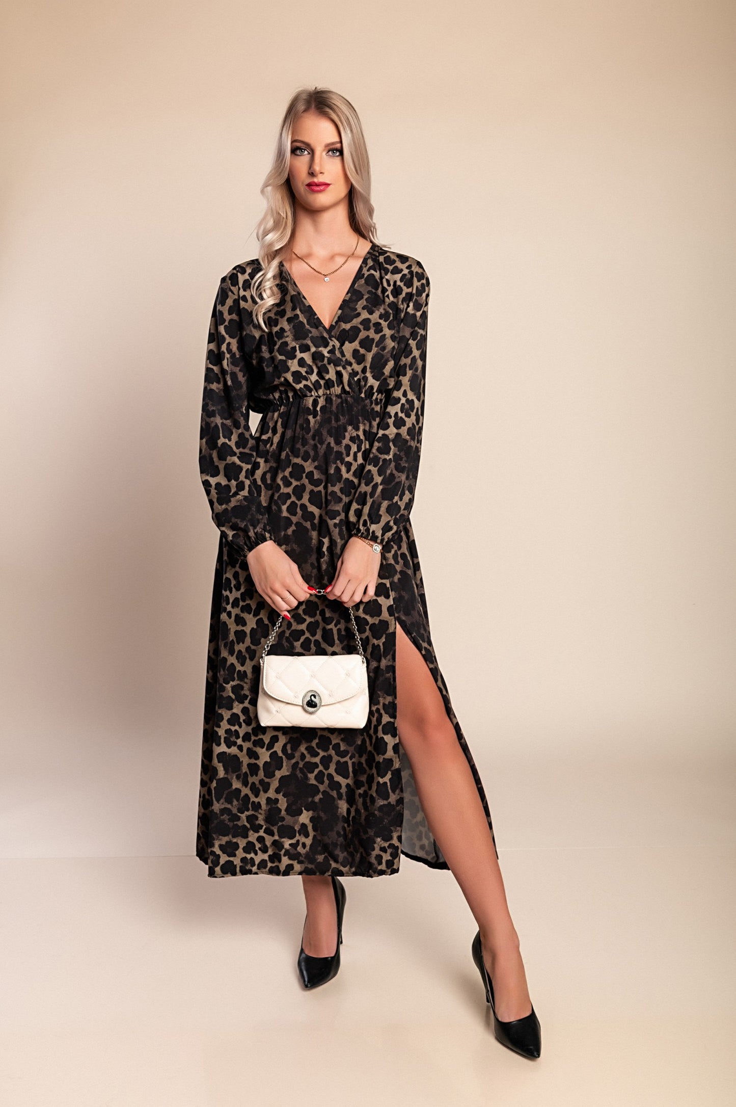 Abito lungo con stampa leopardata, beige