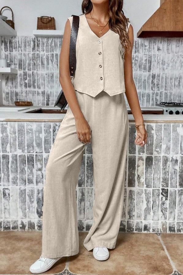 Completo canotta e pantaloni lunghi in lino, beige