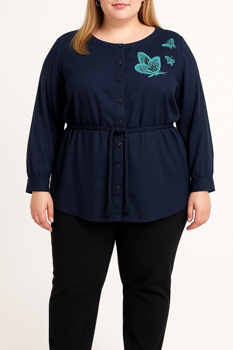 Camicia taglie forti con ricamo, blu scuro