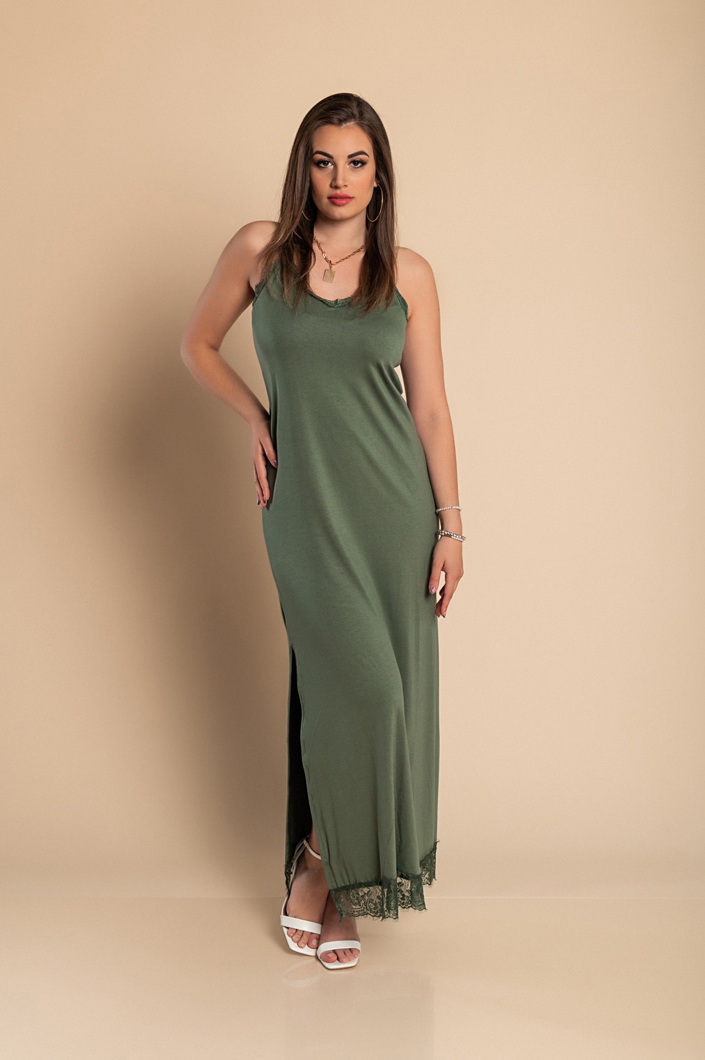 VESTITO MAXI CON PIZZO PRIMAROSA, NERO