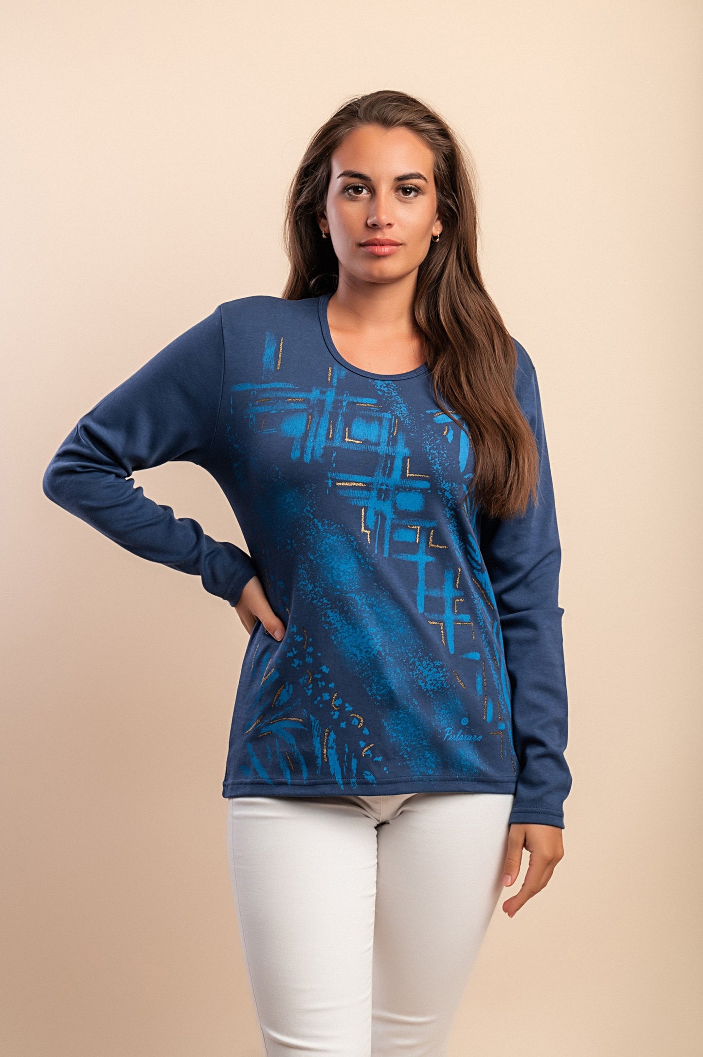 Top in cotone a maniche lunghe, blu scuro