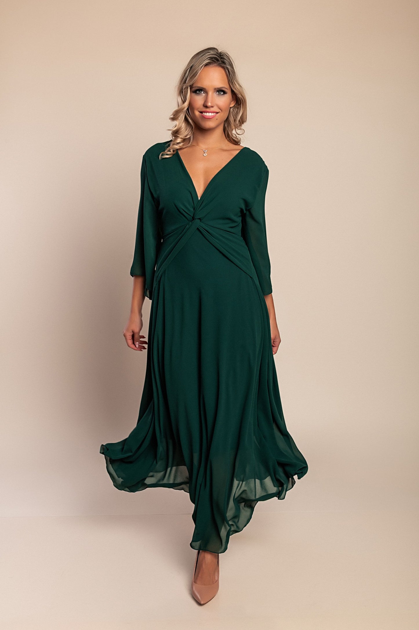 Abito lungo con scollo a V, verde scuro