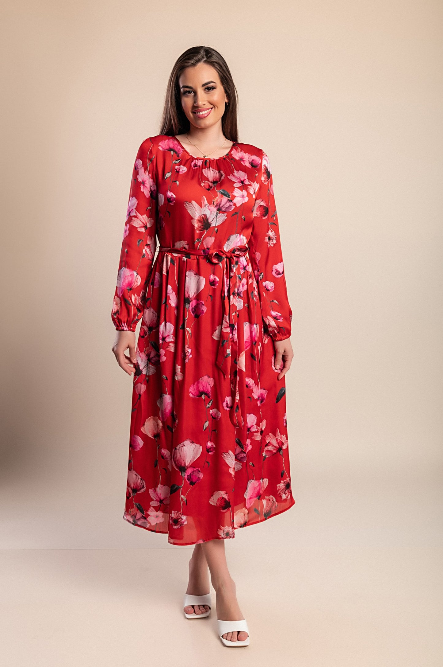 Abito midi con stampa floreale, rosso