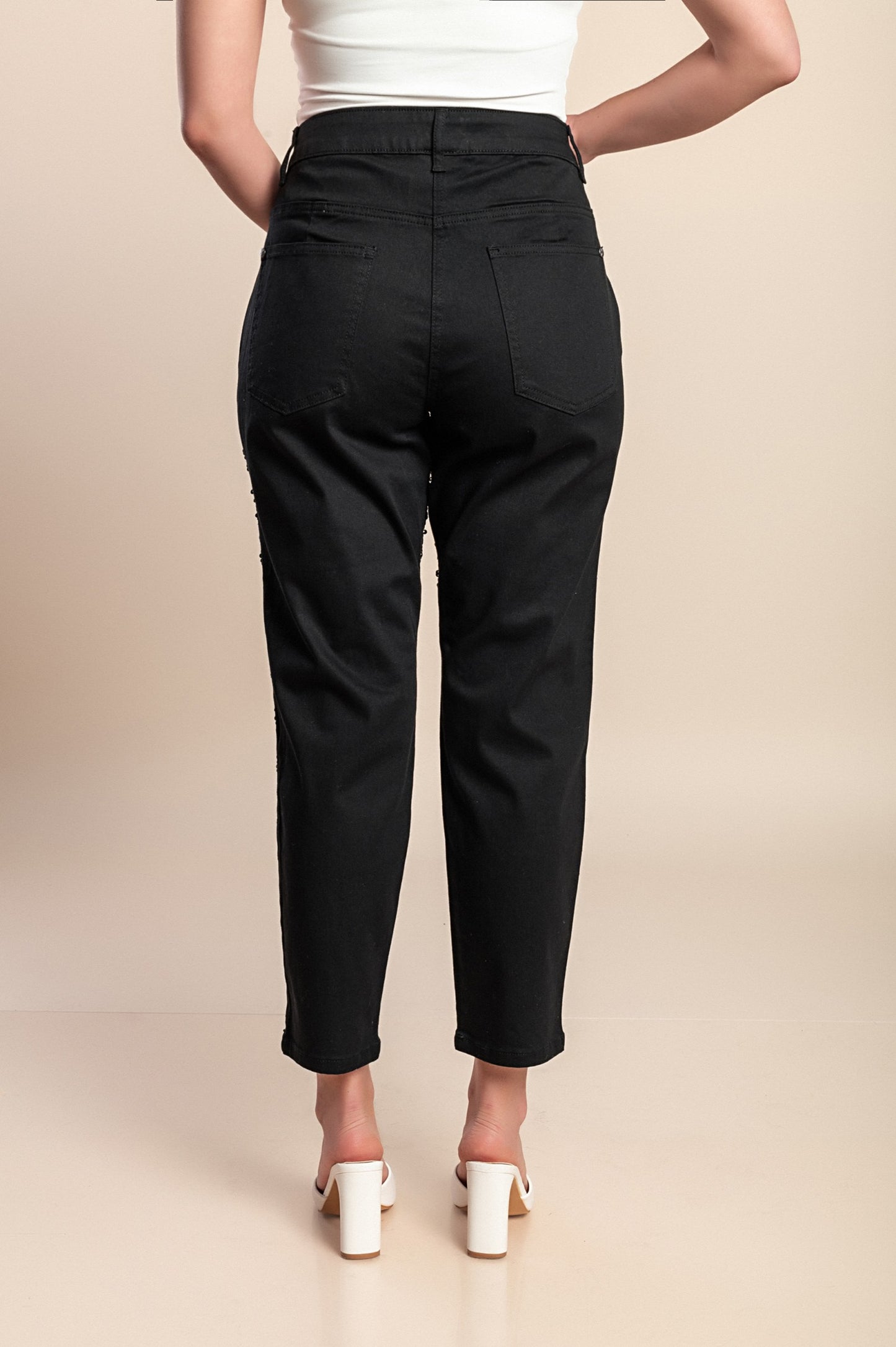 Pantaloni taglie forti 7/8 con paillettes, neri