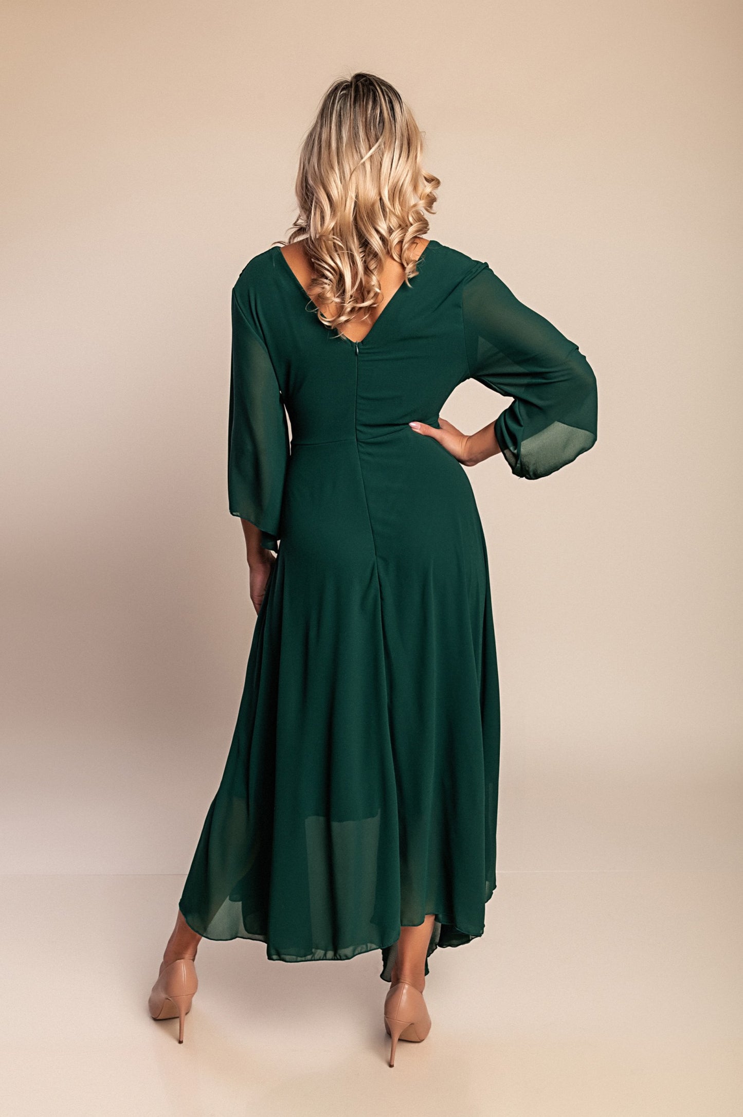 Abito lungo con scollo a V, verde scuro