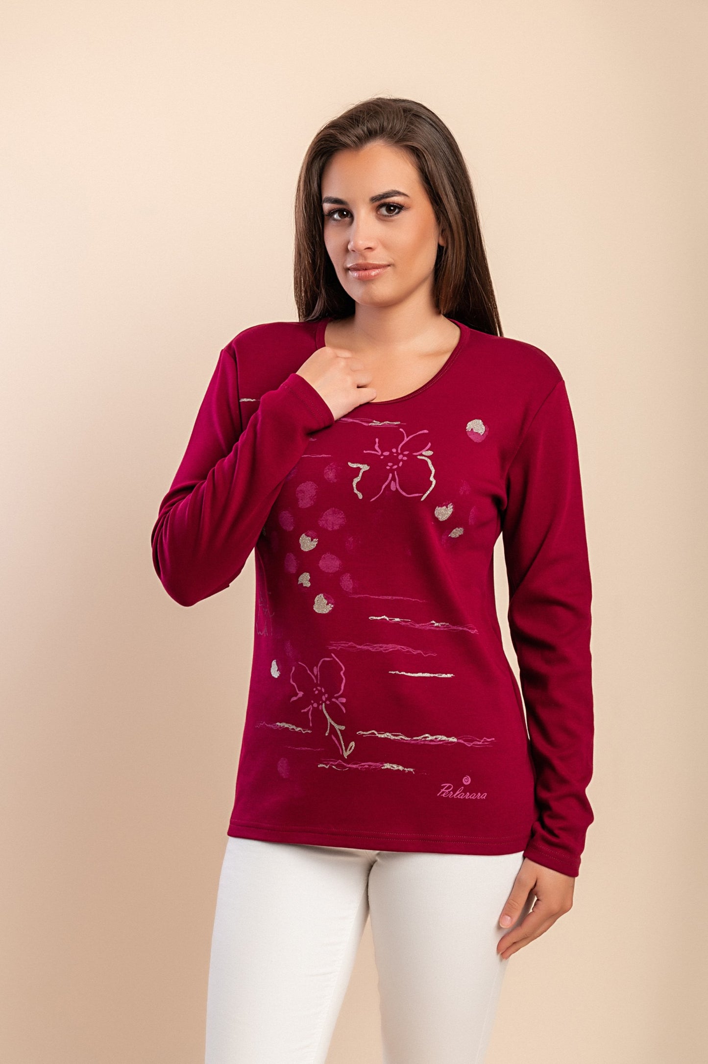 T-shirt a maniche lunghe con stampa, bordeaux