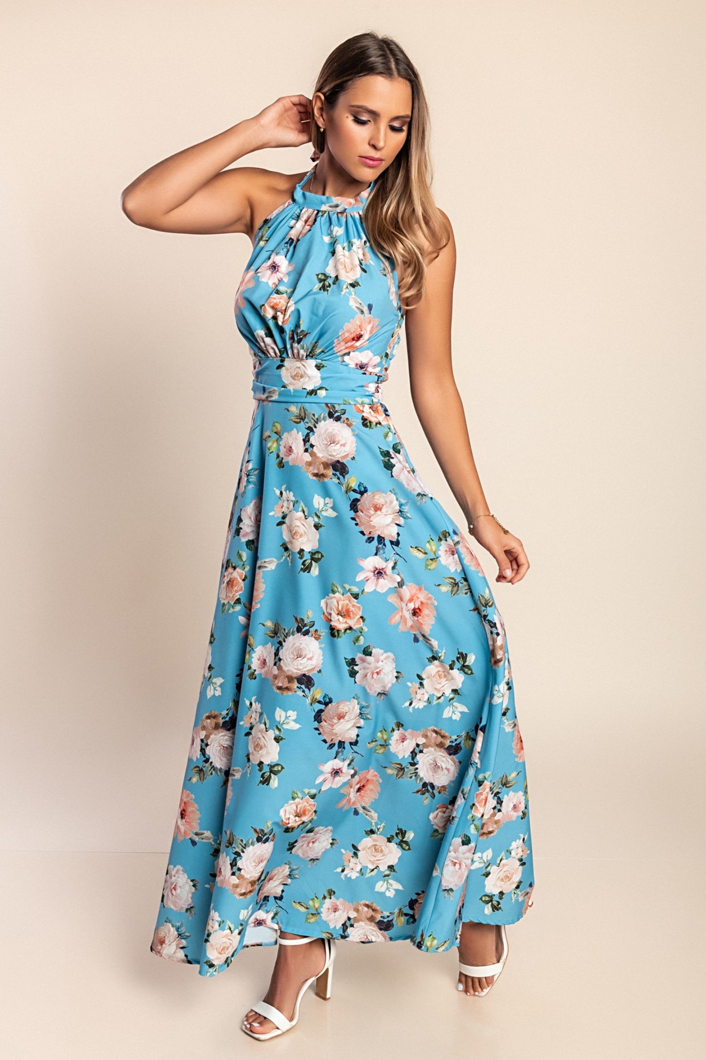 Abito lungo con stampa floreale, azzurro