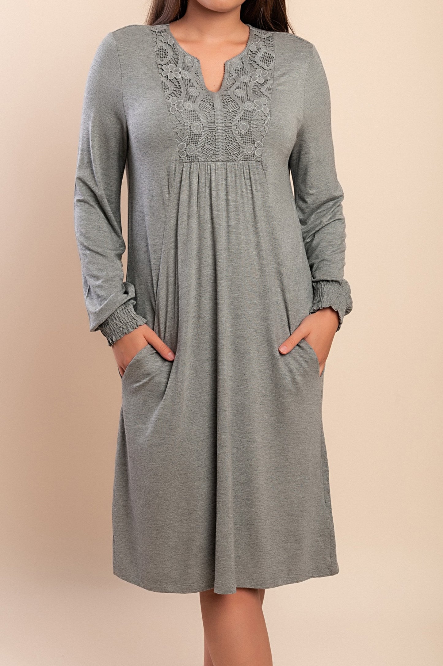 Abito midi con pizzo, grigio