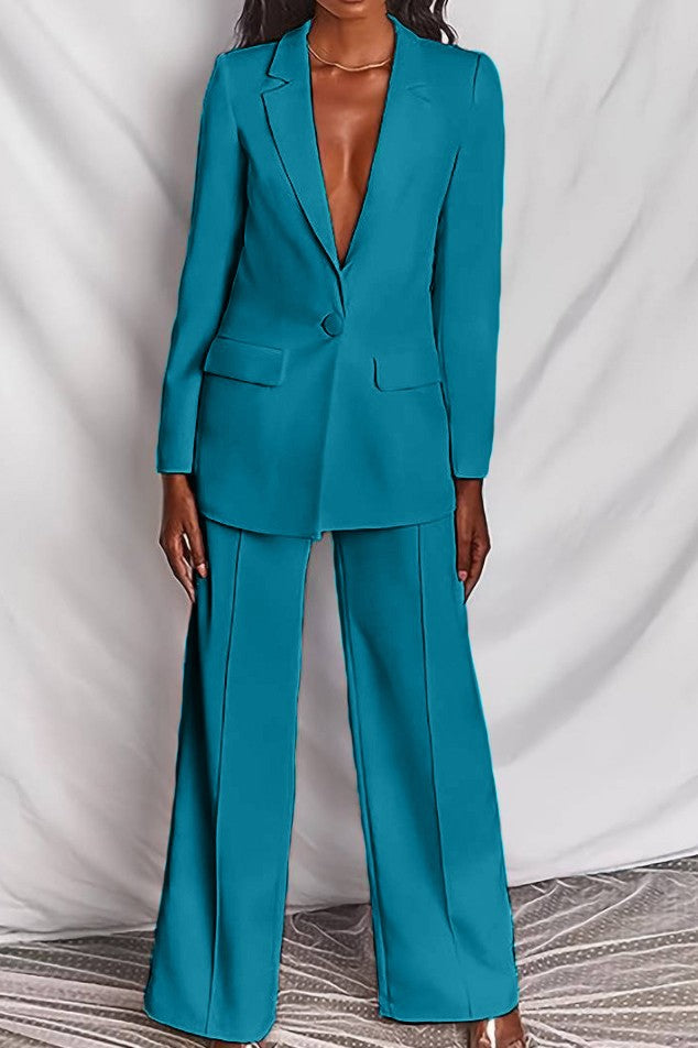Tailleur pantalone elegante monocolore, petrolio