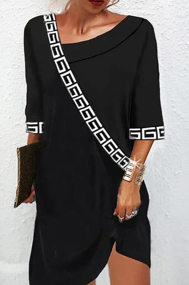 Abito elegante con stampa geometrica, bianco e nero