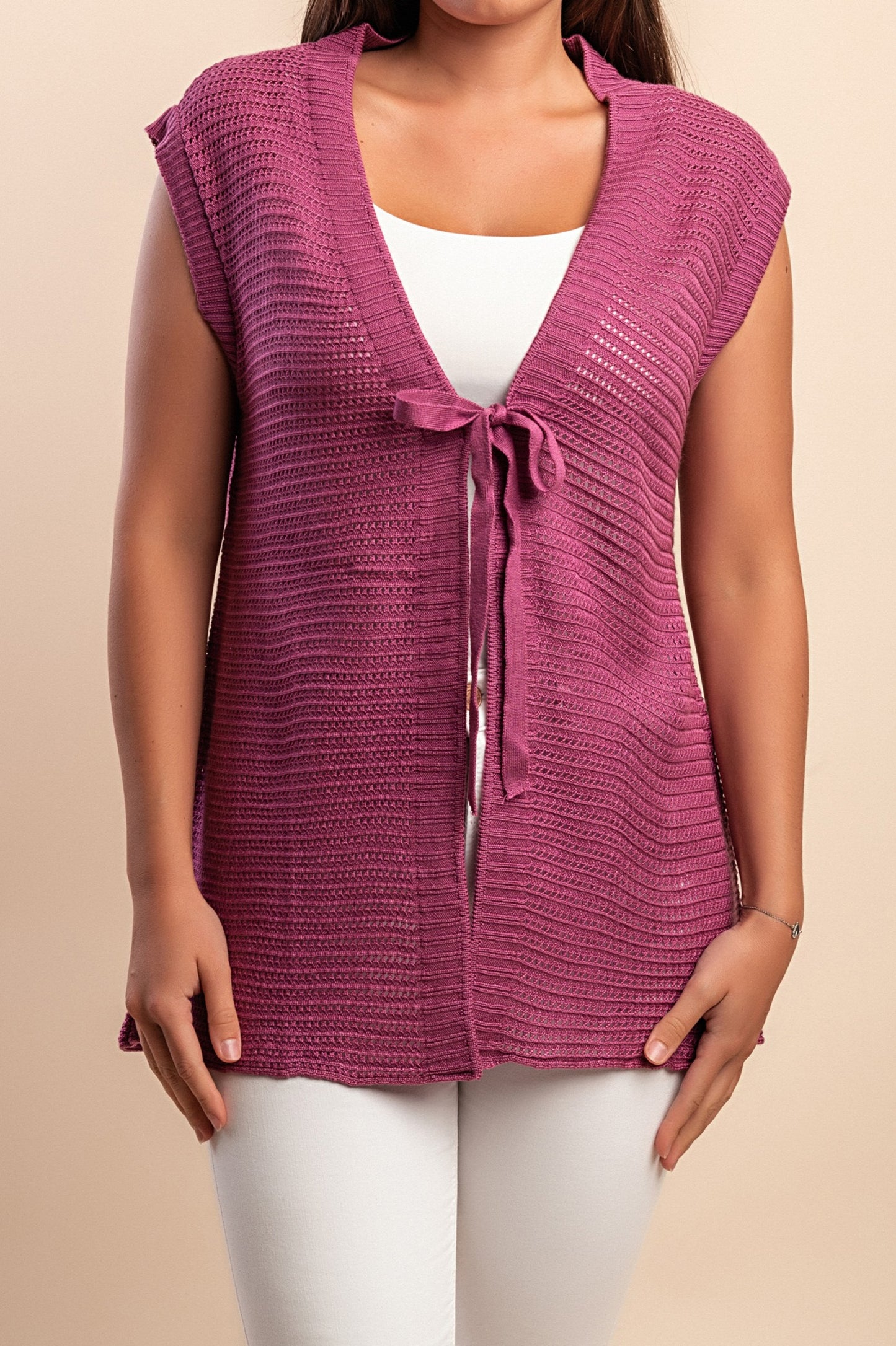 Cardigan senza maniche lavorato a maglia, viola