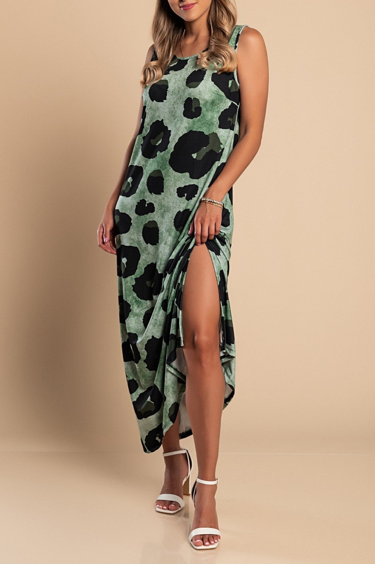 Abito lungo leopardato, verde