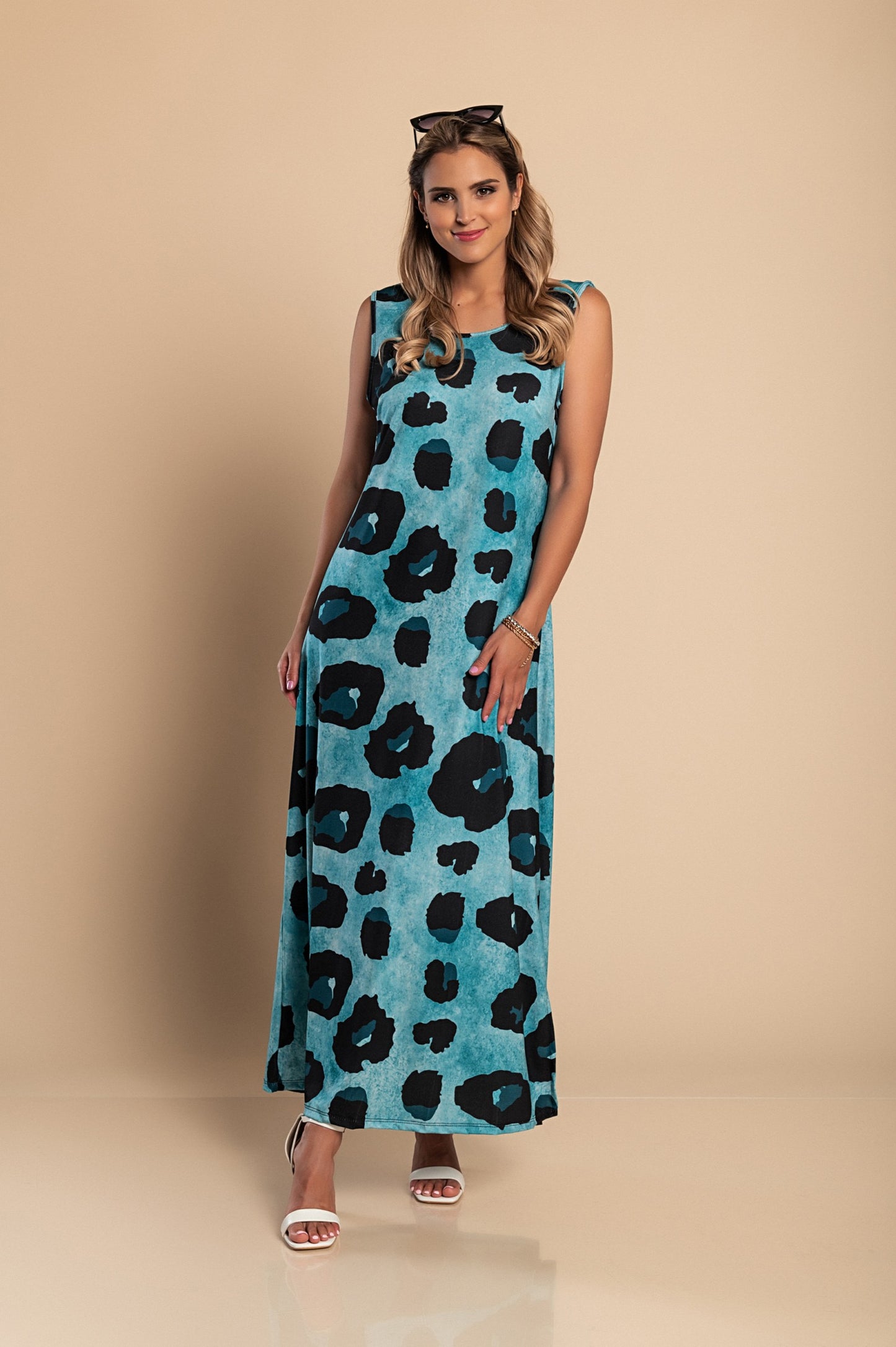 Abito lungo con stampa leopardata, blu
