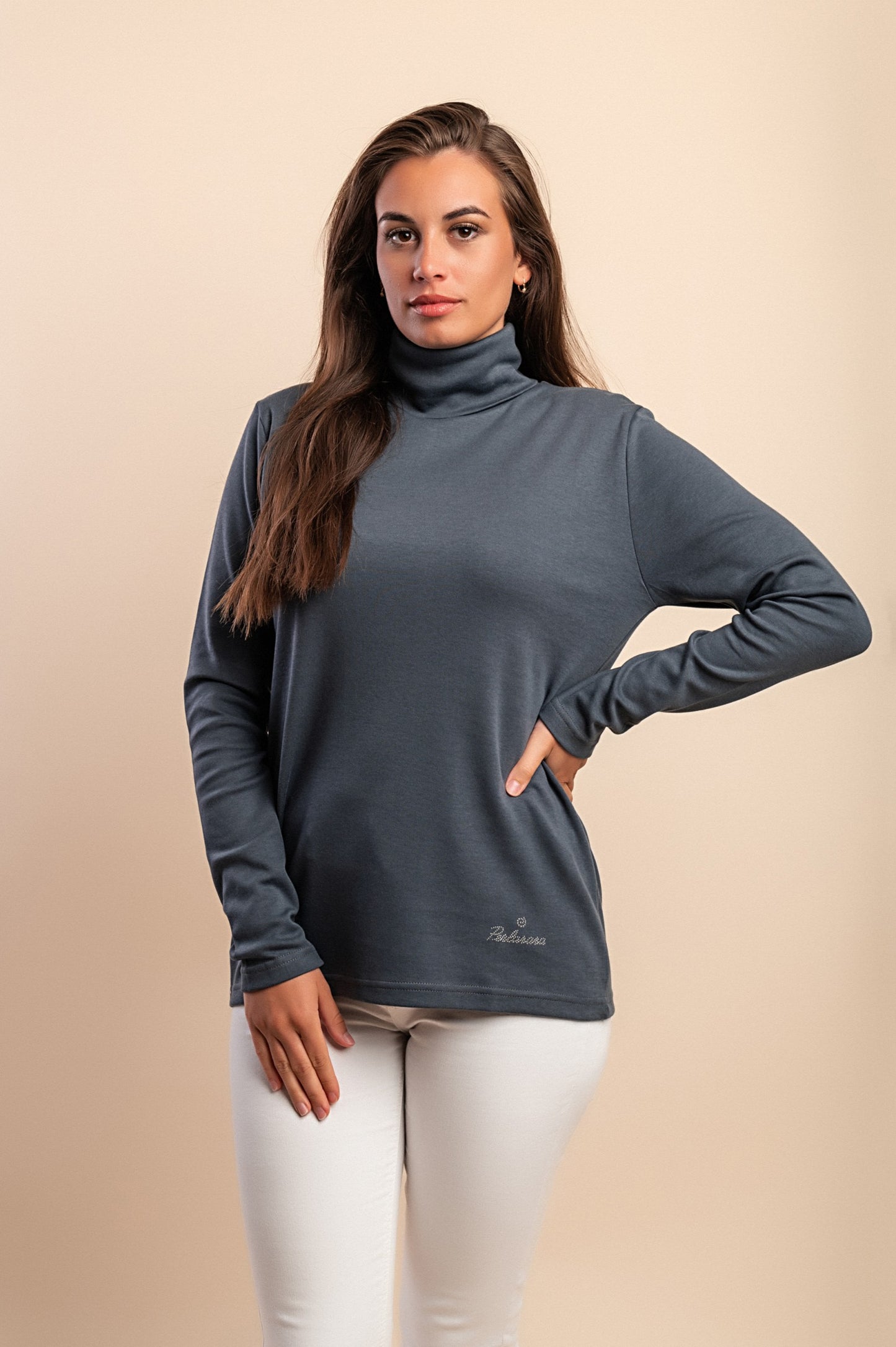 Top in viscosa con collo alto, blu scuro