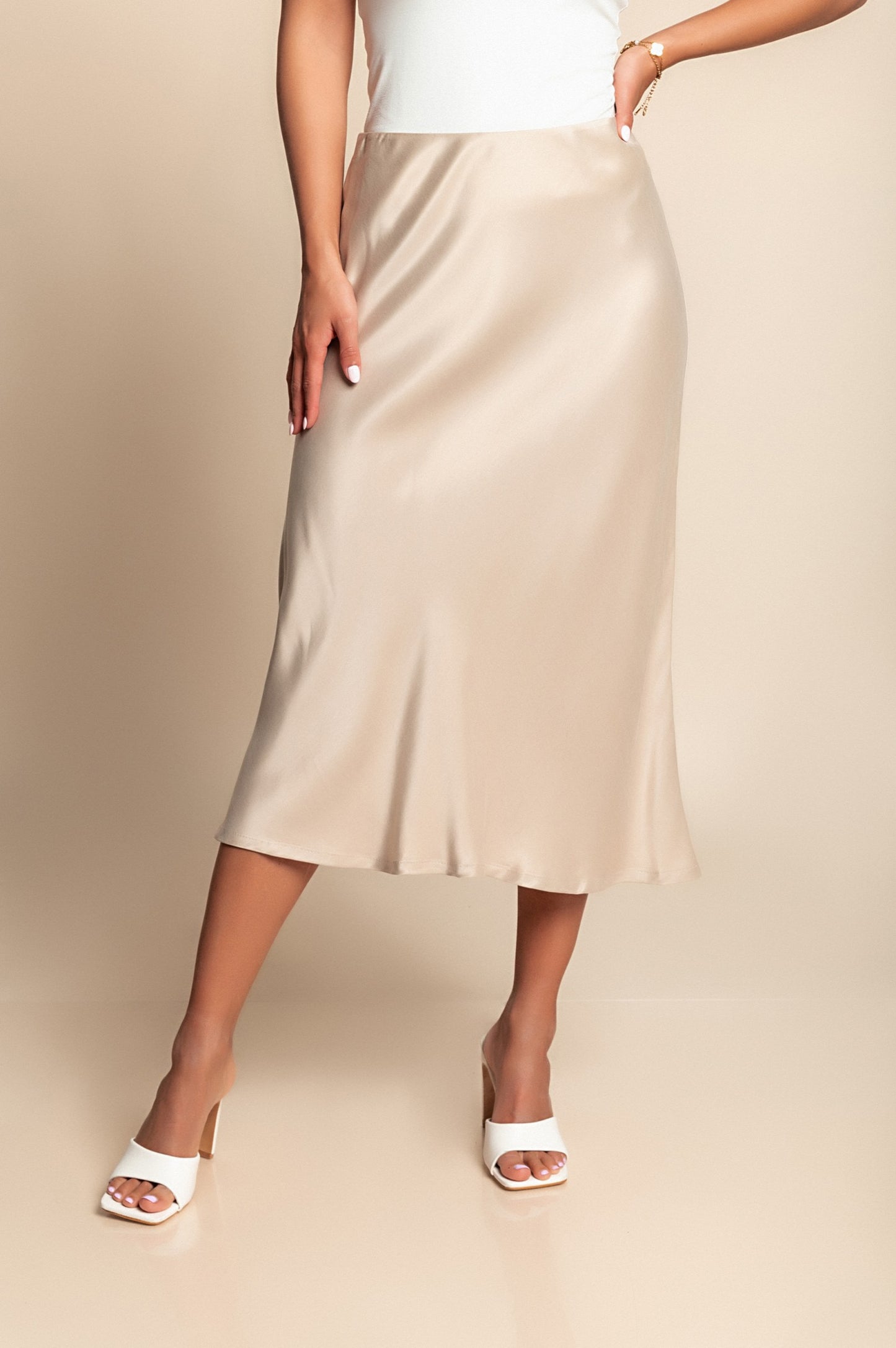 Gonna midi in raso sintetico, beige