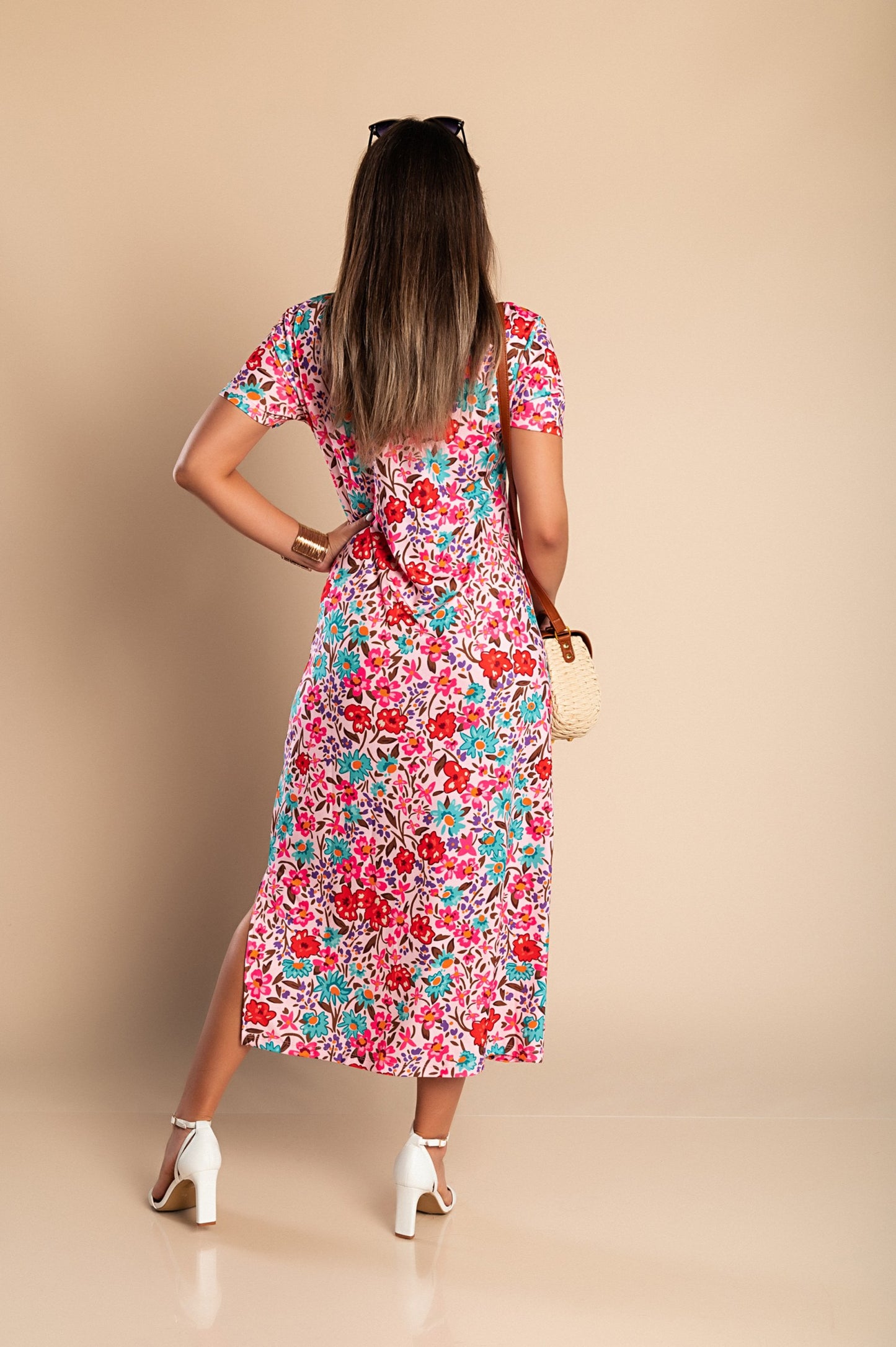 Maxi abito con stampa floreale, rosa