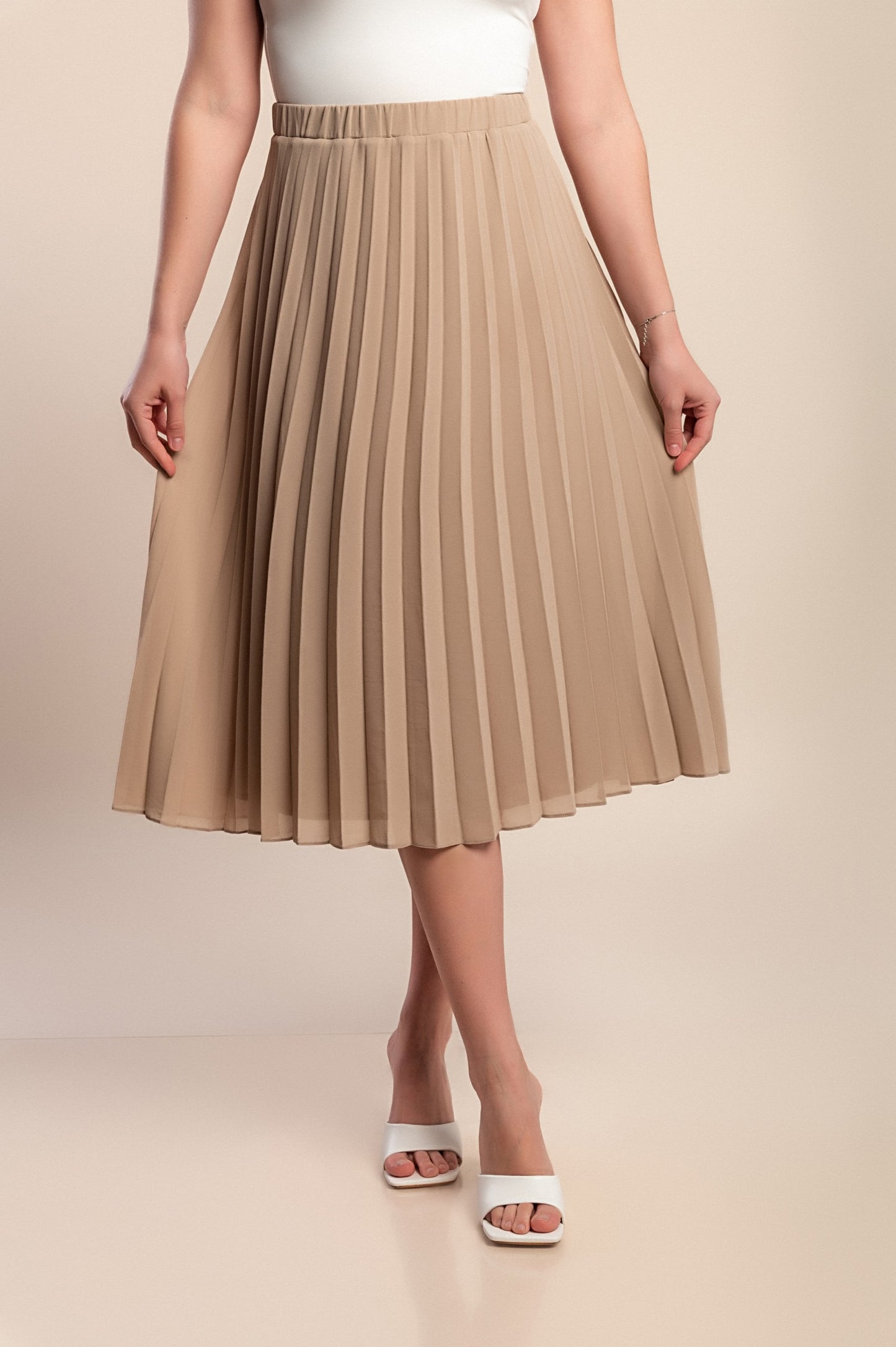 Gonna midi plissettata taglie forti, beige