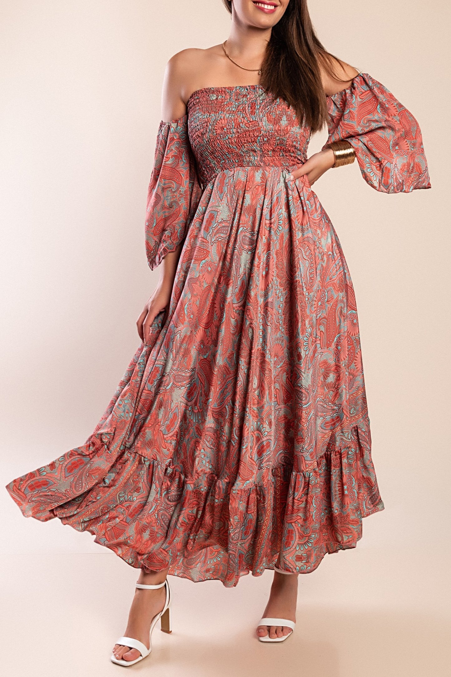Abito maxi con stampa, multicolore