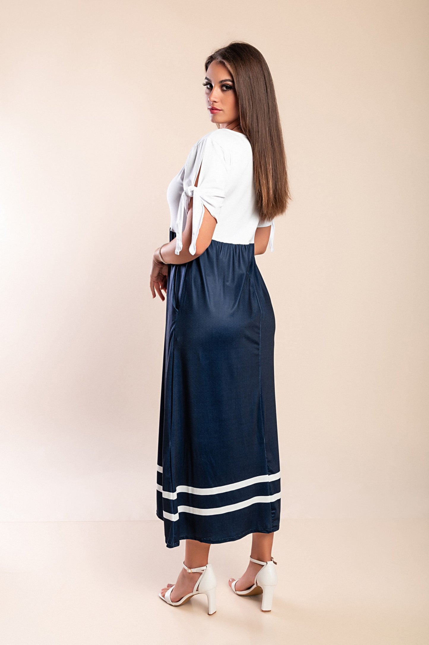 Abito midi con stampa ancora, bianco/blu navy