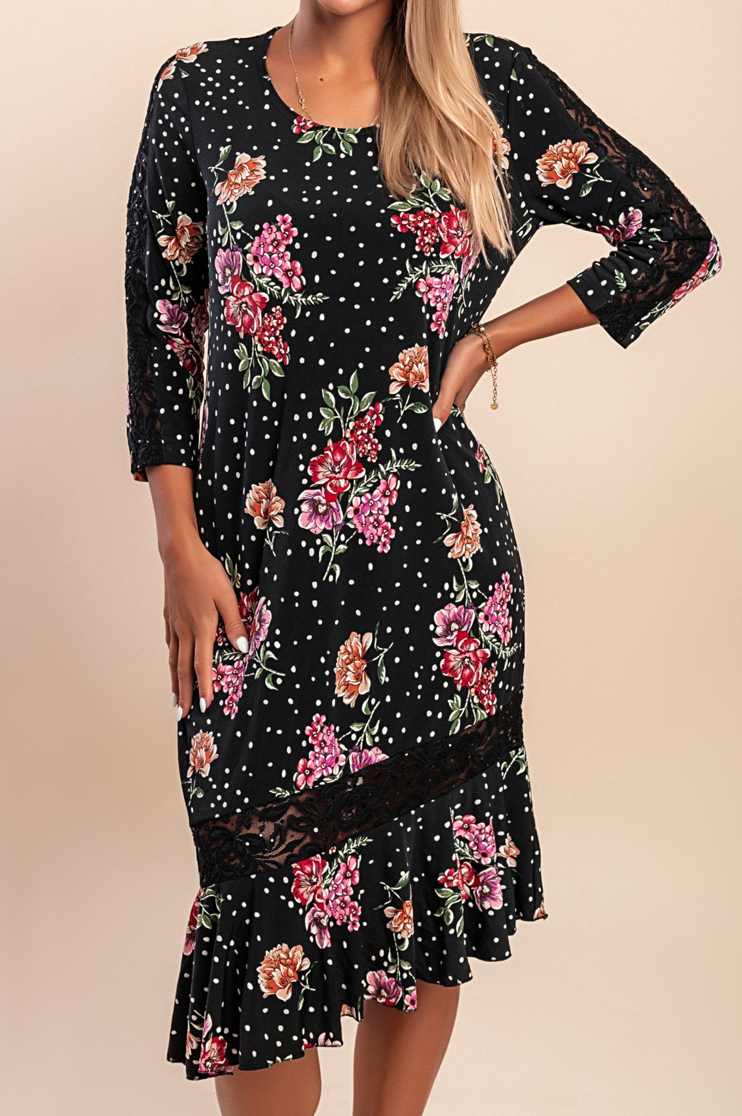 Abito midi con stampa floreale, nero