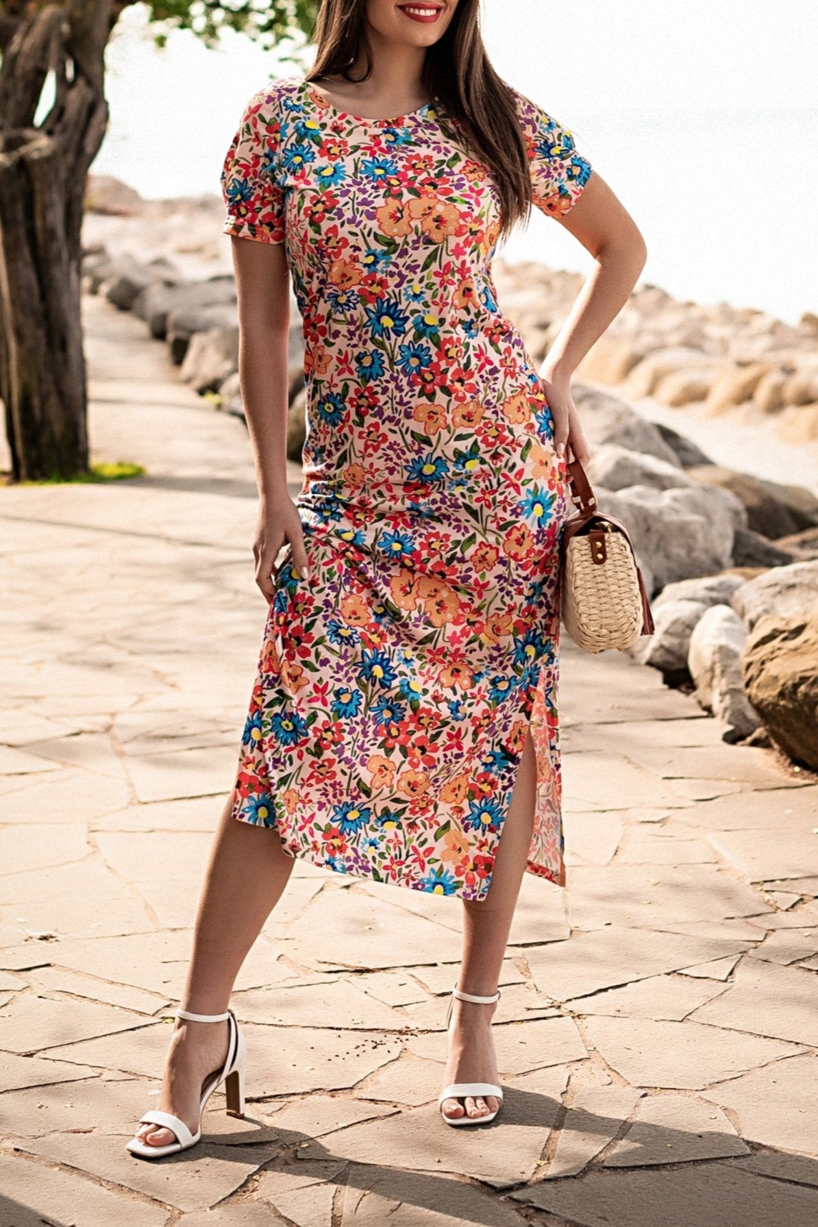 Maxi abito con stampa floreale, multicolor